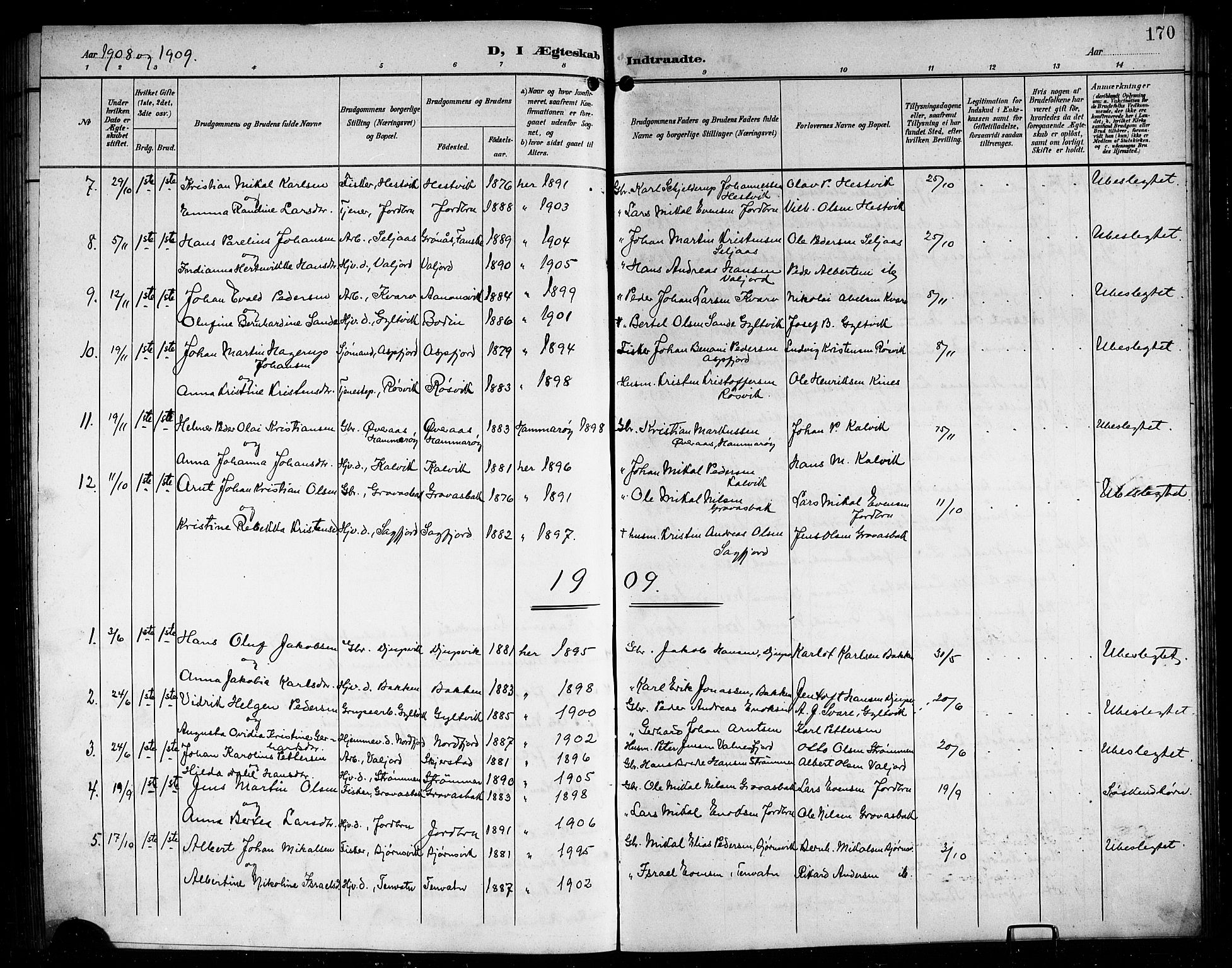 Ministerialprotokoller, klokkerbøker og fødselsregistre - Nordland, AV/SAT-A-1459/854/L0786: Parish register (copy) no. 854C02, 1901-1912, p. 170