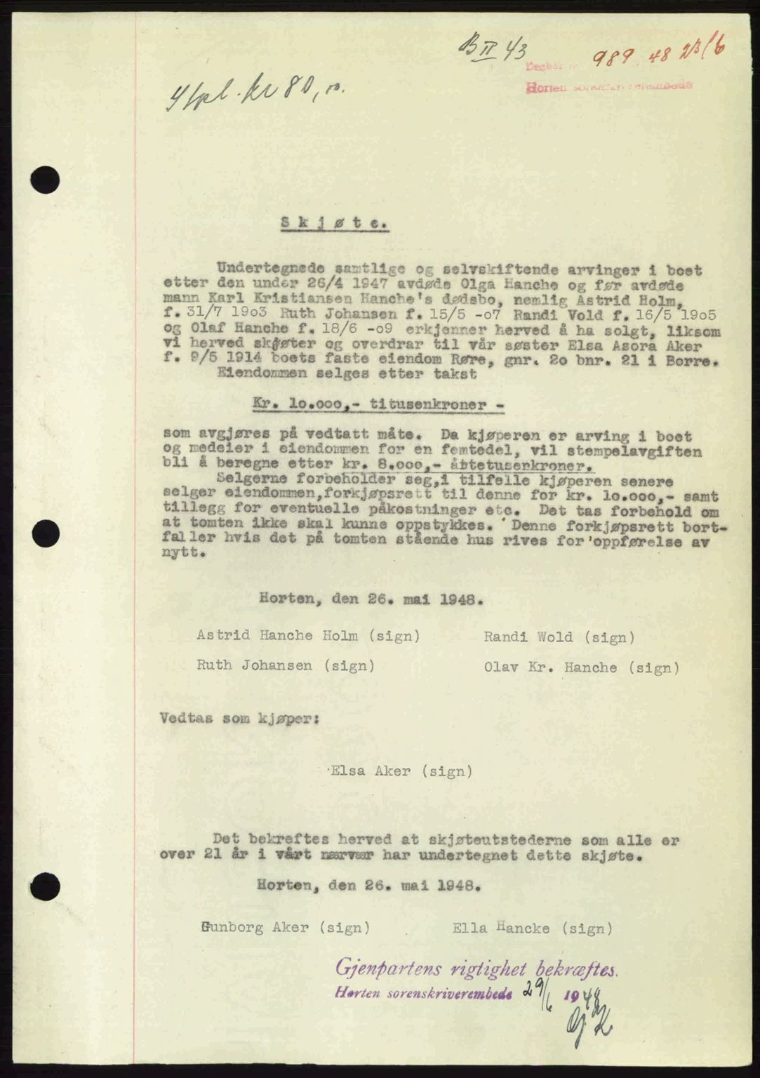 Horten sorenskriveri, AV/SAKO-A-133/G/Ga/Gaa/L0010: Mortgage book no. A-10, 1947-1948, Diary no: : 989/1948