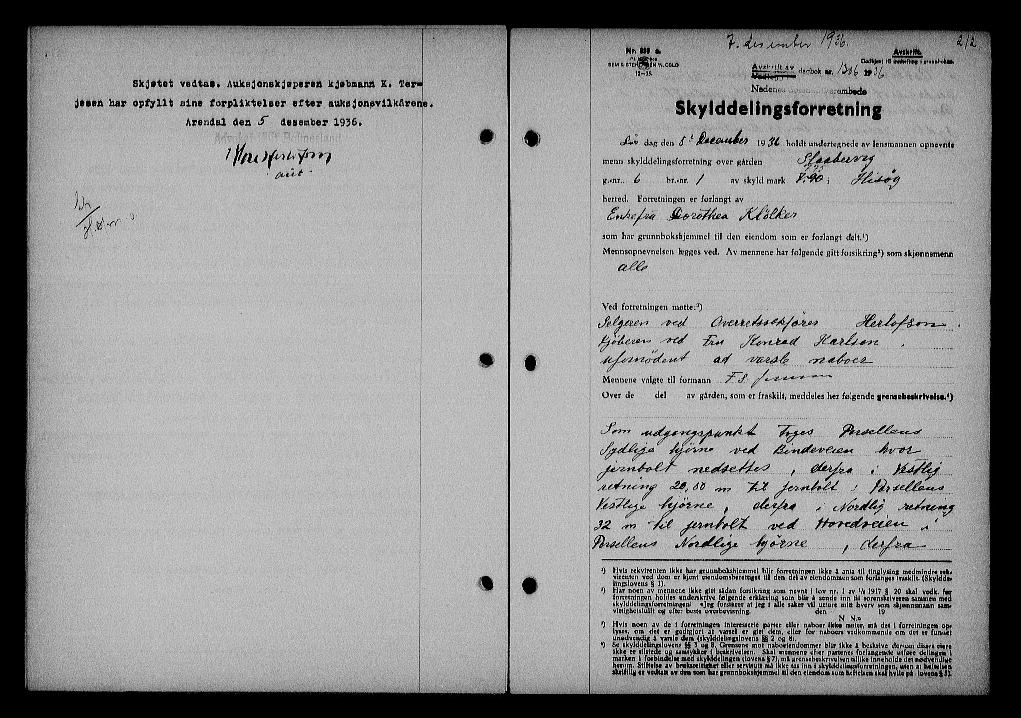 Nedenes sorenskriveri, AV/SAK-1221-0006/G/Gb/Gba/L0043: Mortgage book no. 39, 1936-1937, Diary no: : 1306/1936