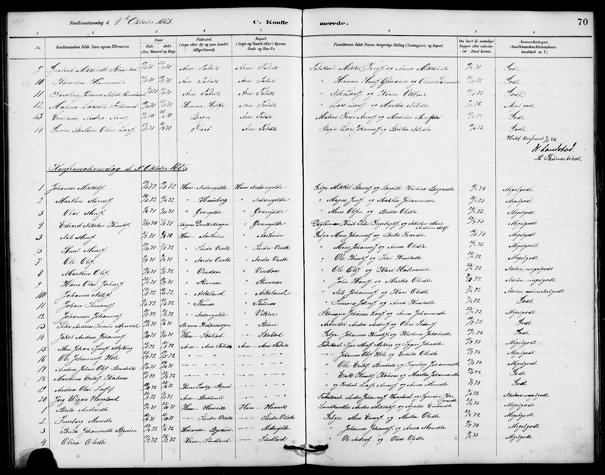 Haus sokneprestembete, SAB/A-75601/H/Hab: Parish register (copy) no. B 3, 1885-1899, p. 70