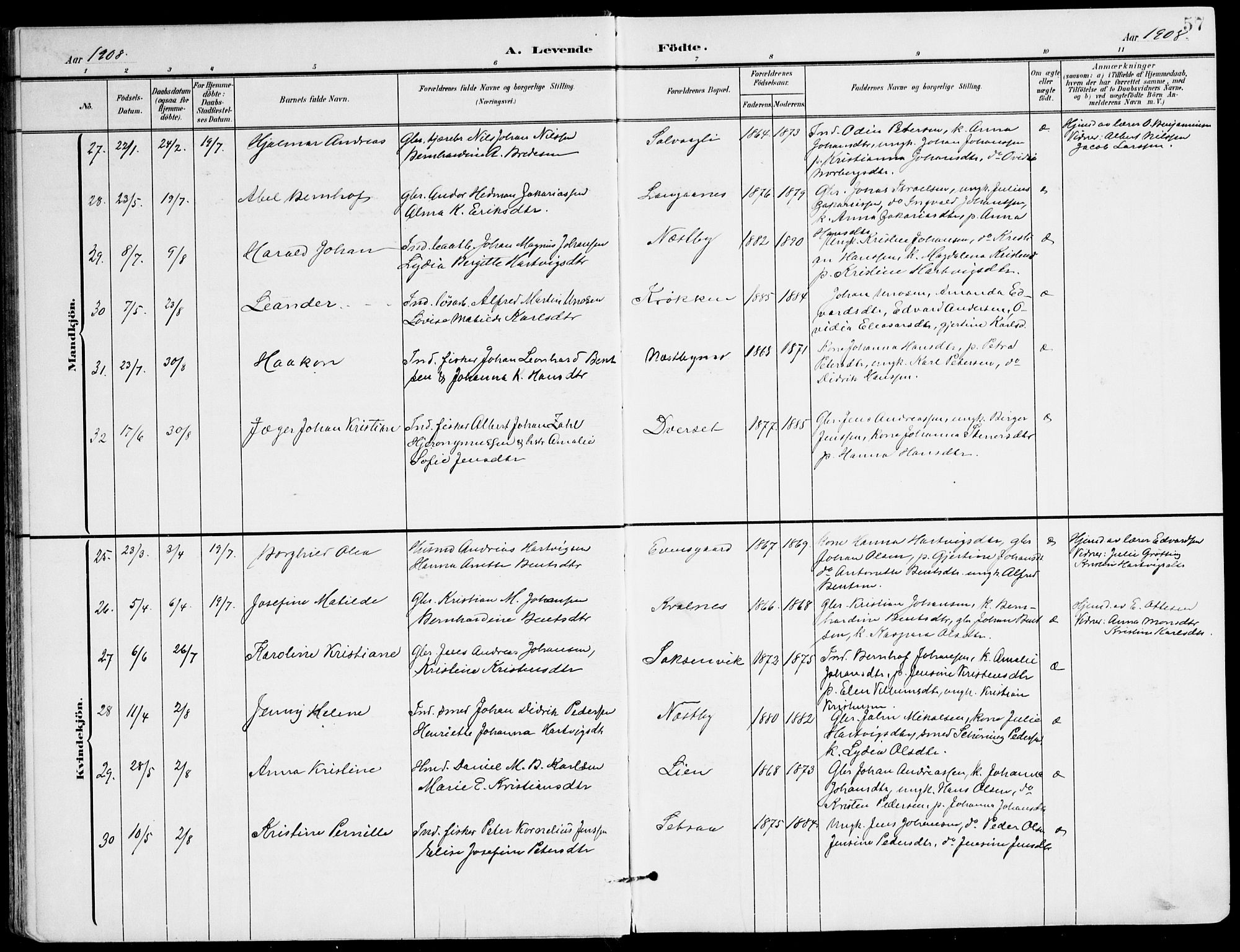 Ministerialprotokoller, klokkerbøker og fødselsregistre - Nordland, AV/SAT-A-1459/847/L0672: Parish register (official) no. 847A12, 1902-1919, p. 57