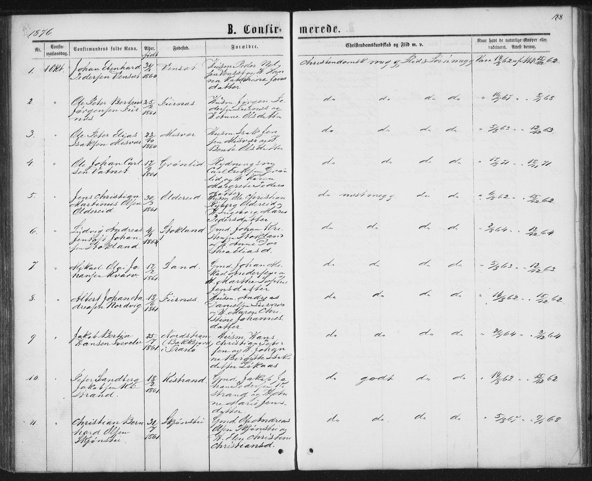 Ministerialprotokoller, klokkerbøker og fødselsregistre - Nordland, SAT/A-1459/852/L0739: Parish register (official) no. 852A09, 1866-1877, p. 188