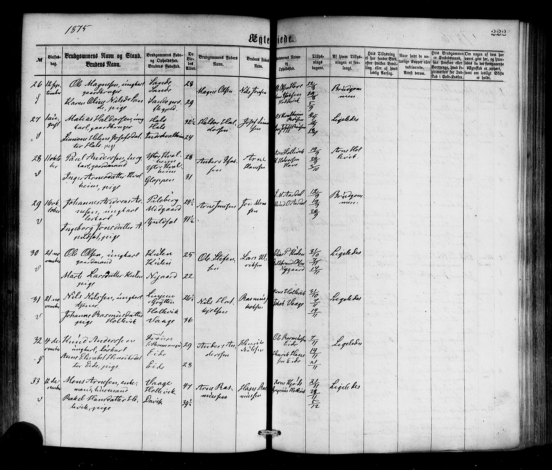 Selje sokneprestembete, SAB/A-99938/H/Ha/Haa/Haaa: Parish register (official) no. A 12, 1870-1880, p. 222