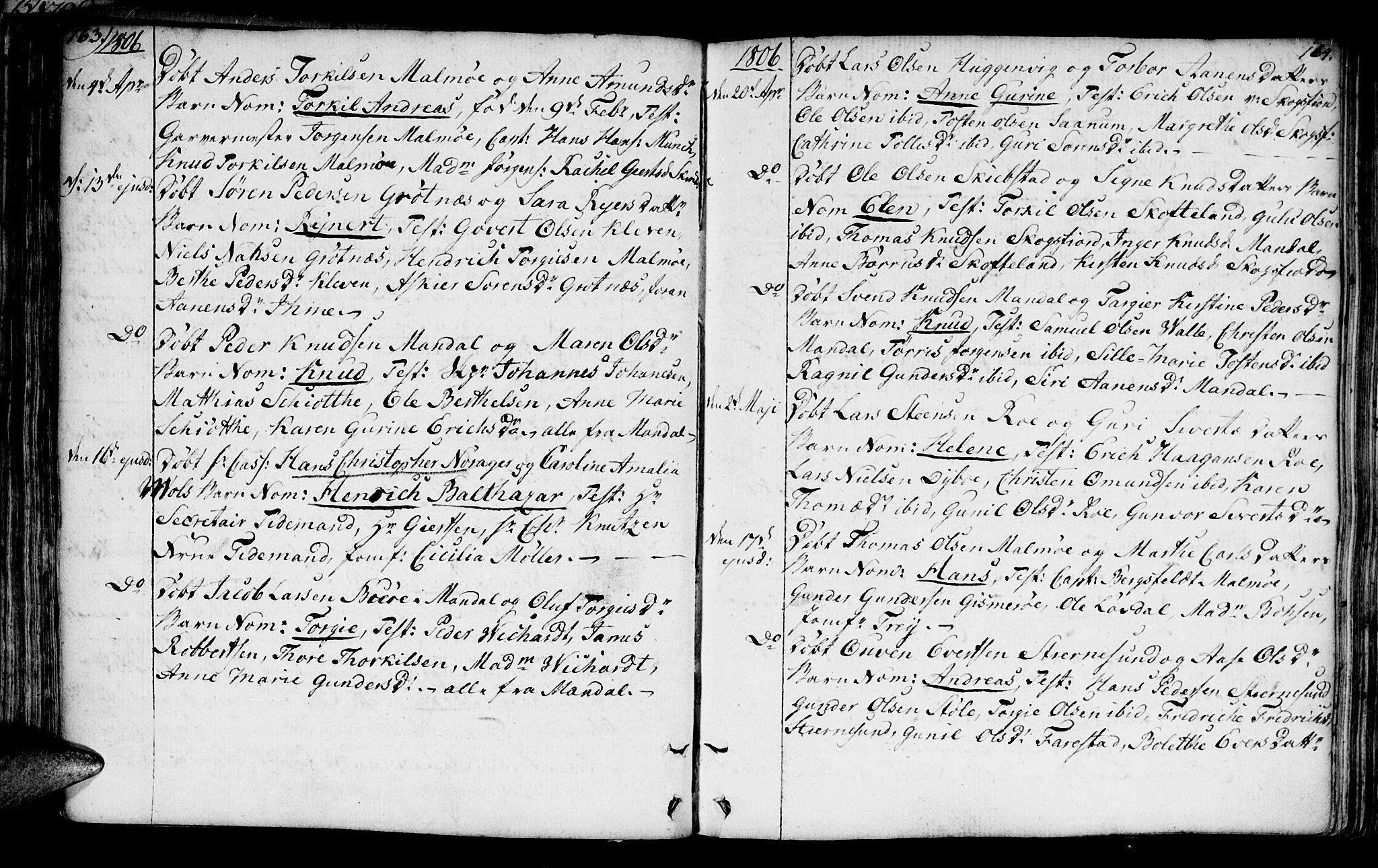 Mandal sokneprestkontor, AV/SAK-1111-0030/F/Fa/Faa/L0008: Parish register (official) no. A 8, 1794-1817, p. 163-164