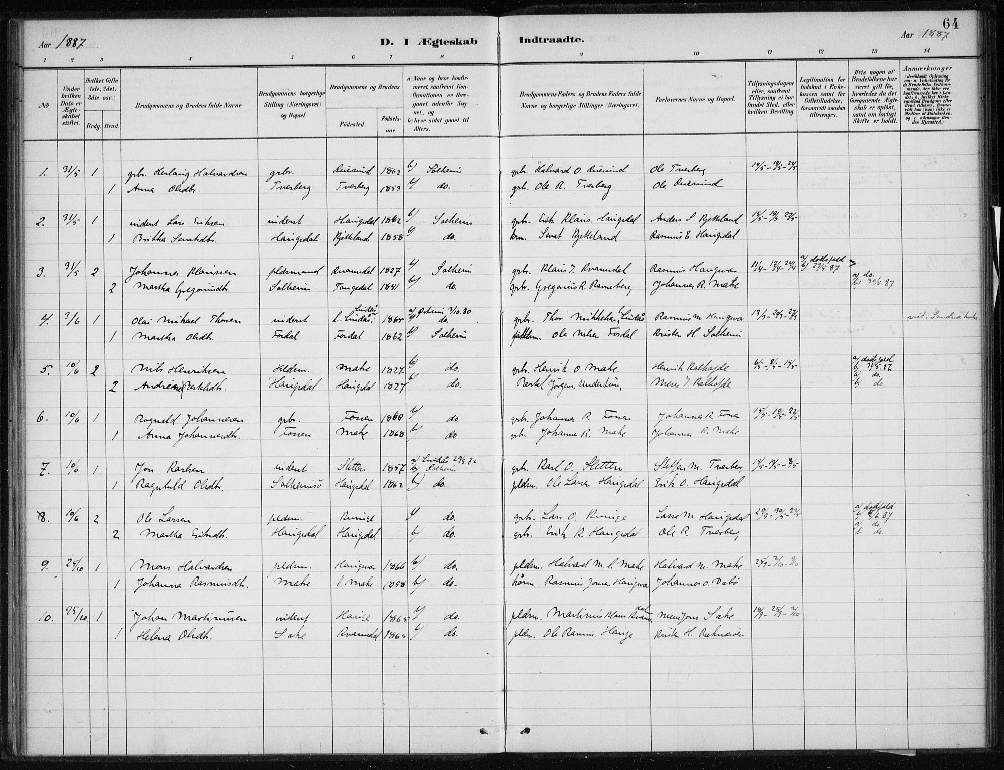 Masfjorden Sokneprestembete, AV/SAB-A-77001: Parish register (official) no. C  1, 1882-1896, p. 64