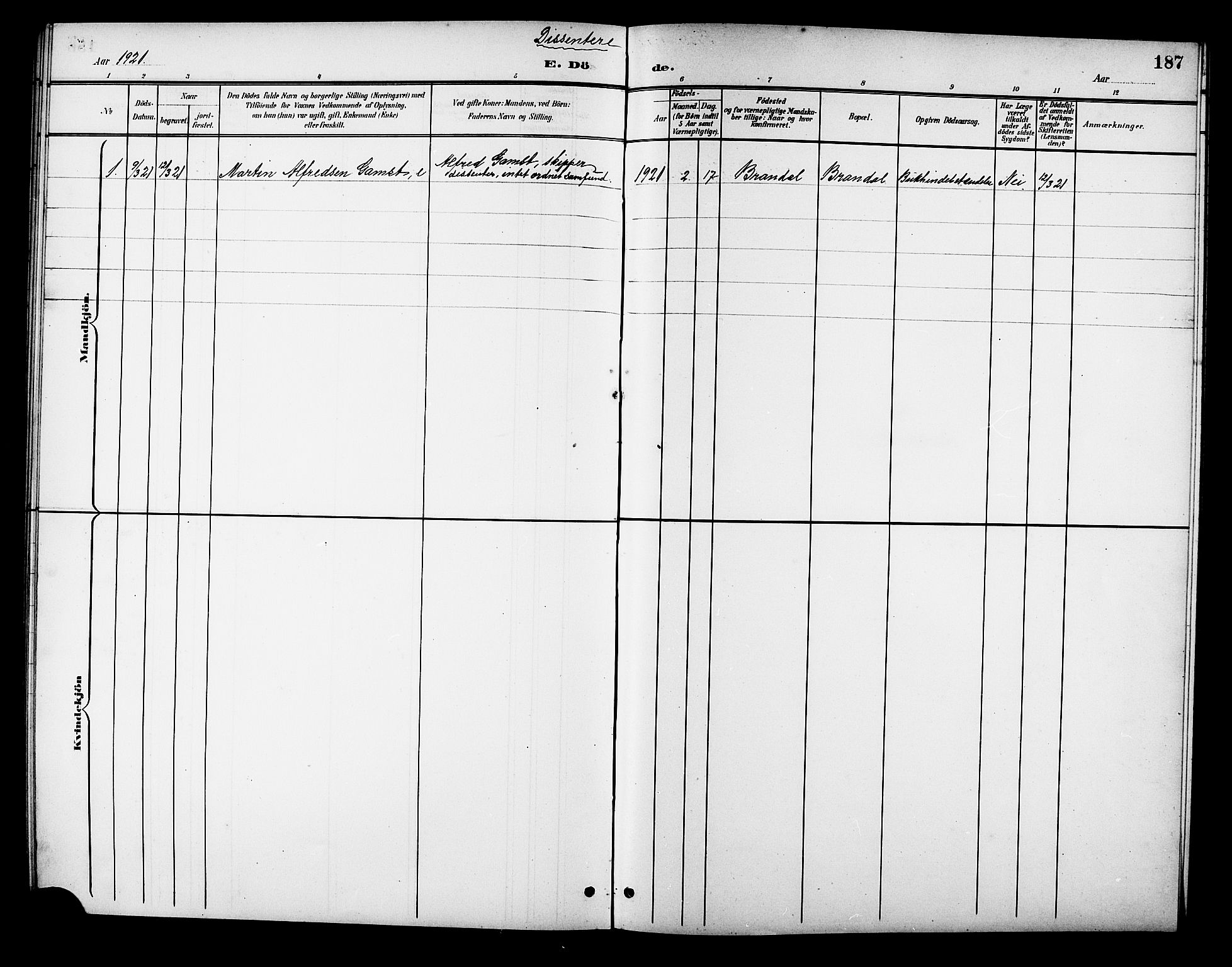 Ministerialprotokoller, klokkerbøker og fødselsregistre - Møre og Romsdal, SAT/A-1454/510/L0126: Parish register (copy) no. 510C03, 1900-1922, p. 187