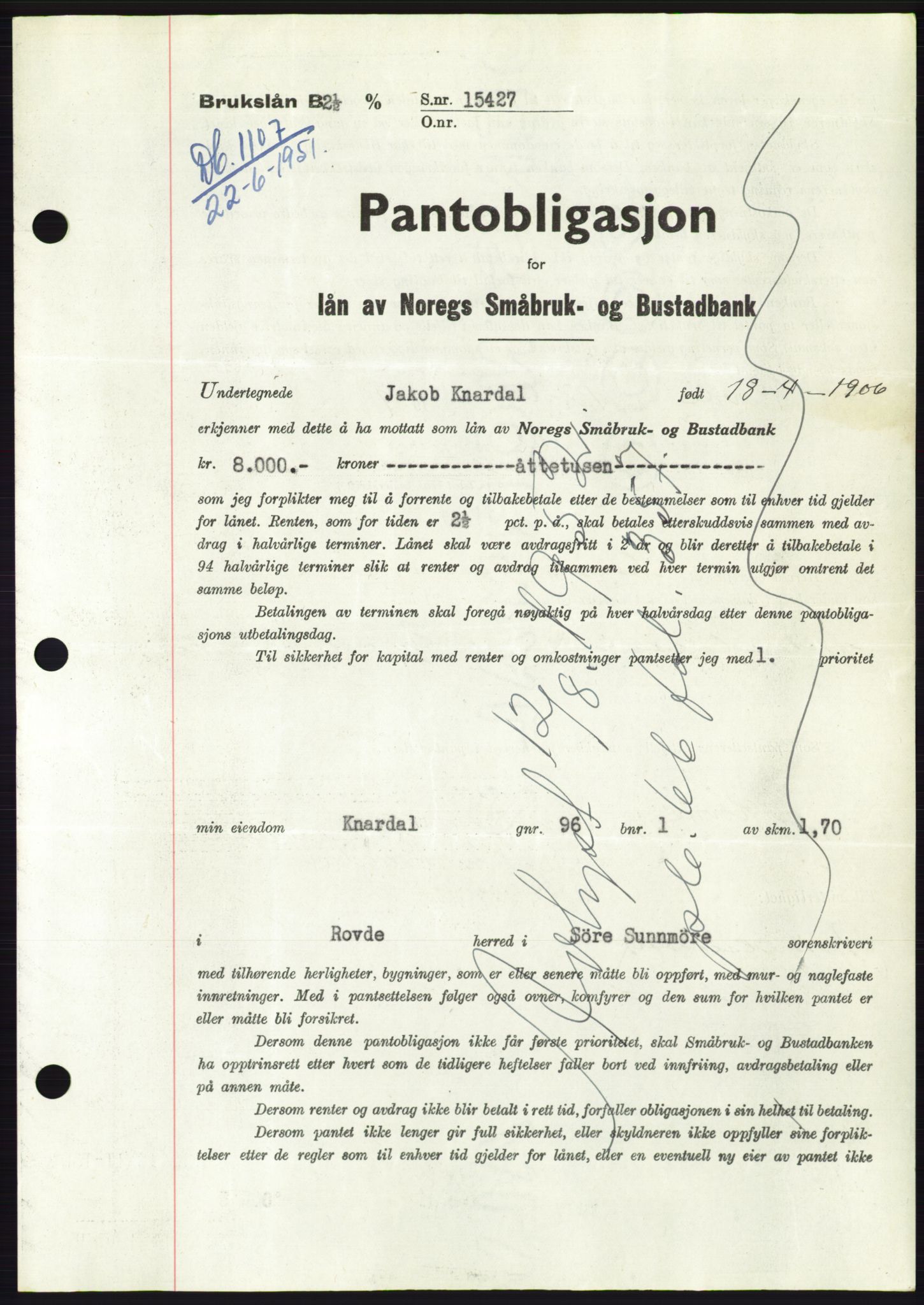 Søre Sunnmøre sorenskriveri, AV/SAT-A-4122/1/2/2C/L0120: Mortgage book no. 8B, 1951-1951, Diary no: : 1107/1951