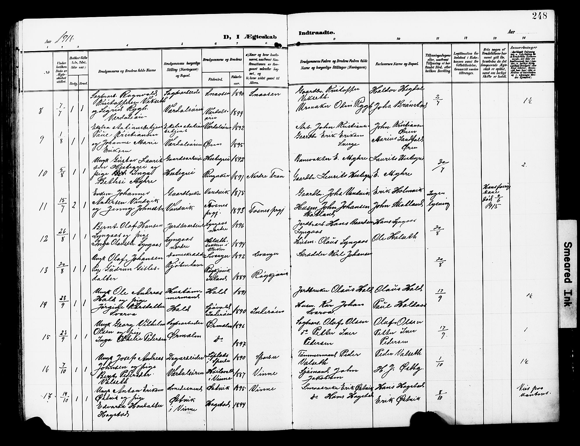 Ministerialprotokoller, klokkerbøker og fødselsregistre - Nord-Trøndelag, SAT/A-1458/723/L0258: Parish register (copy) no. 723C06, 1908-1927, p. 248