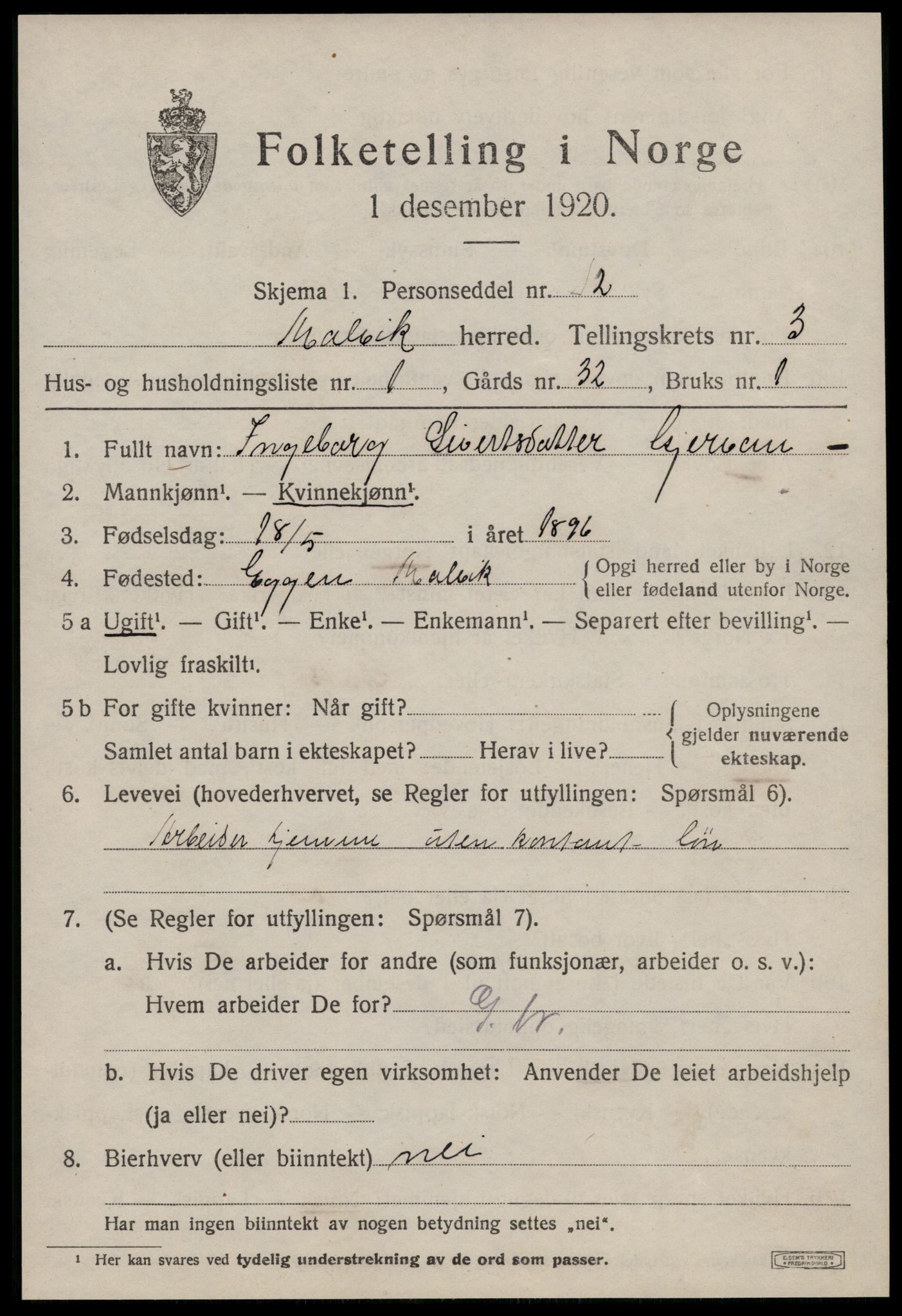 SAT, 1920 census for Malvik, 1920, p. 2274