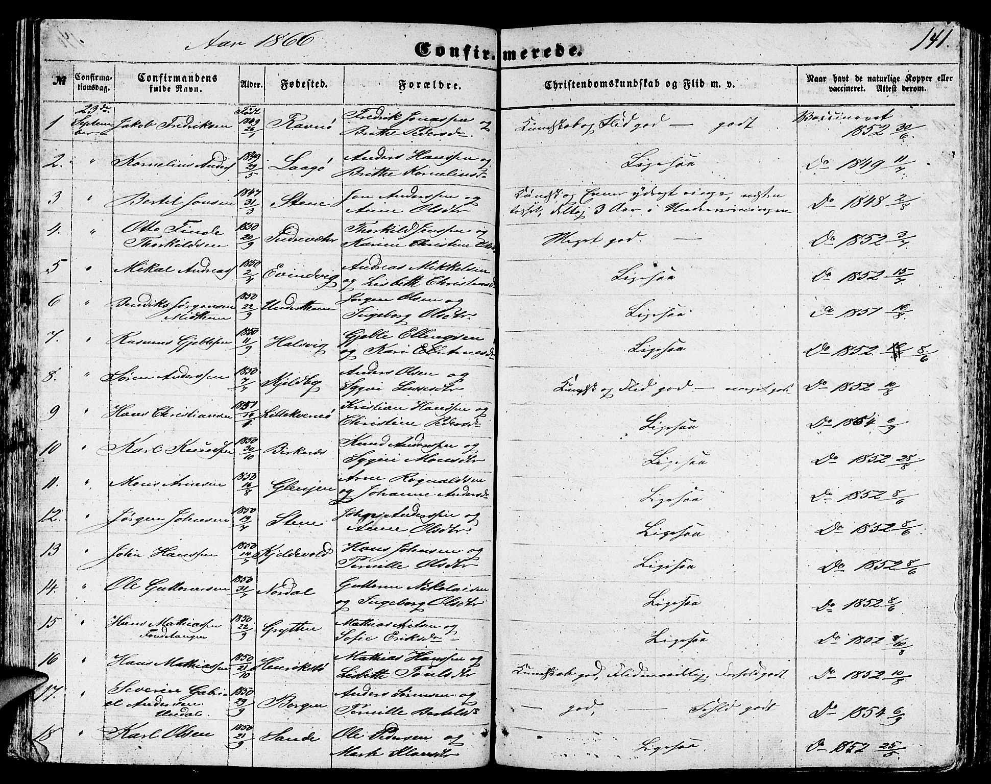 Gulen sokneprestembete, AV/SAB-A-80201/H/Hab/Habb/L0001: Parish register (copy) no. B 1, 1854-1866, p. 141