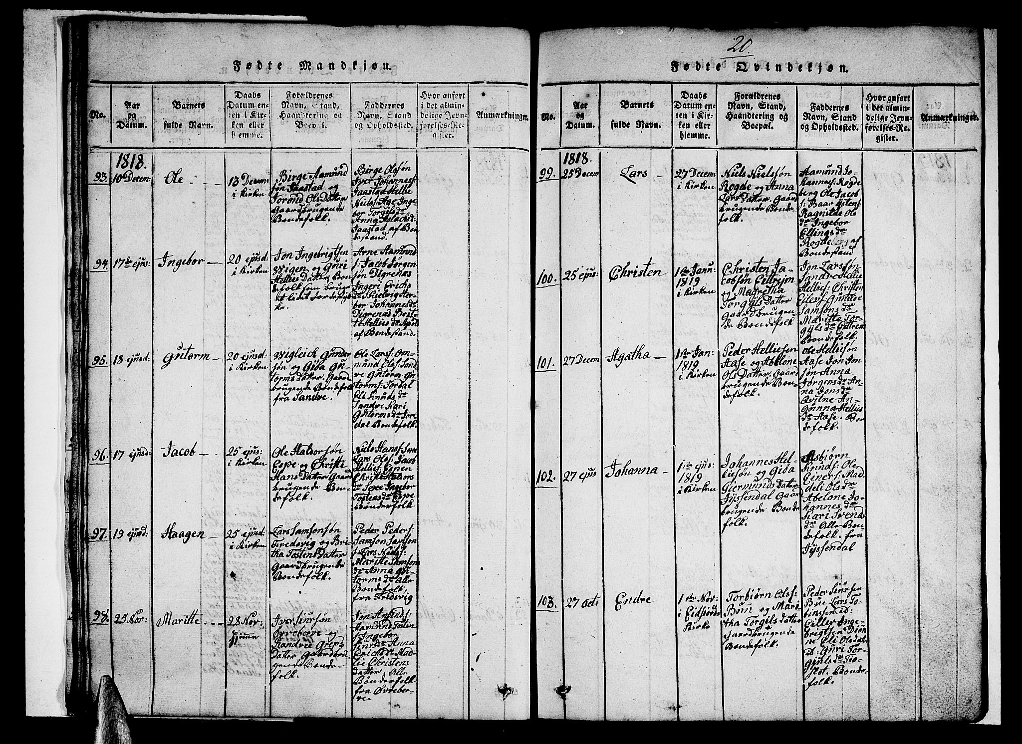 Ullensvang sokneprestembete, AV/SAB-A-78701/H/Hab: Parish register (copy) no. A 3, 1817-1825, p. 20