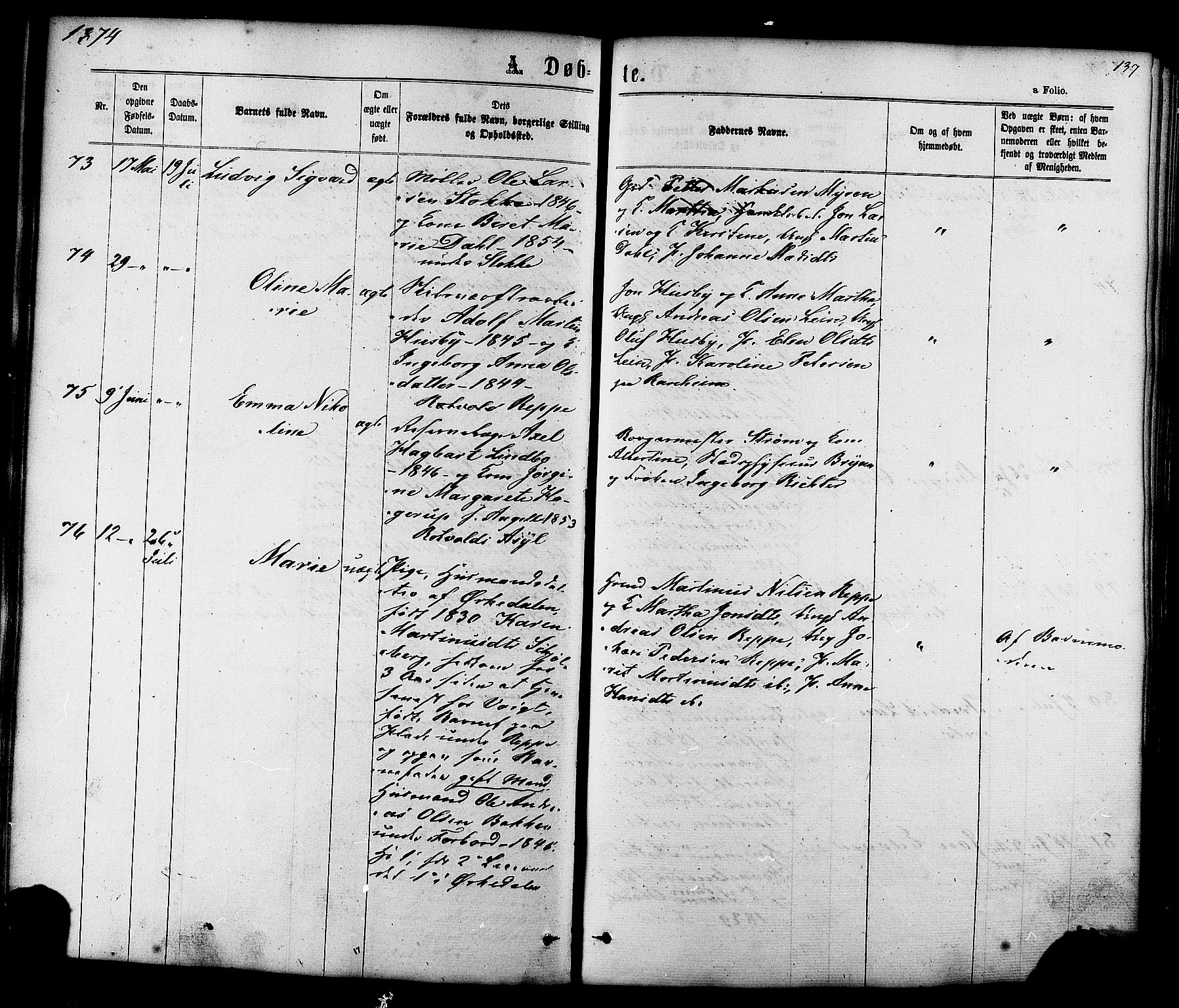 Ministerialprotokoller, klokkerbøker og fødselsregistre - Sør-Trøndelag, AV/SAT-A-1456/606/L0293: Parish register (official) no. 606A08, 1866-1877, p. 137