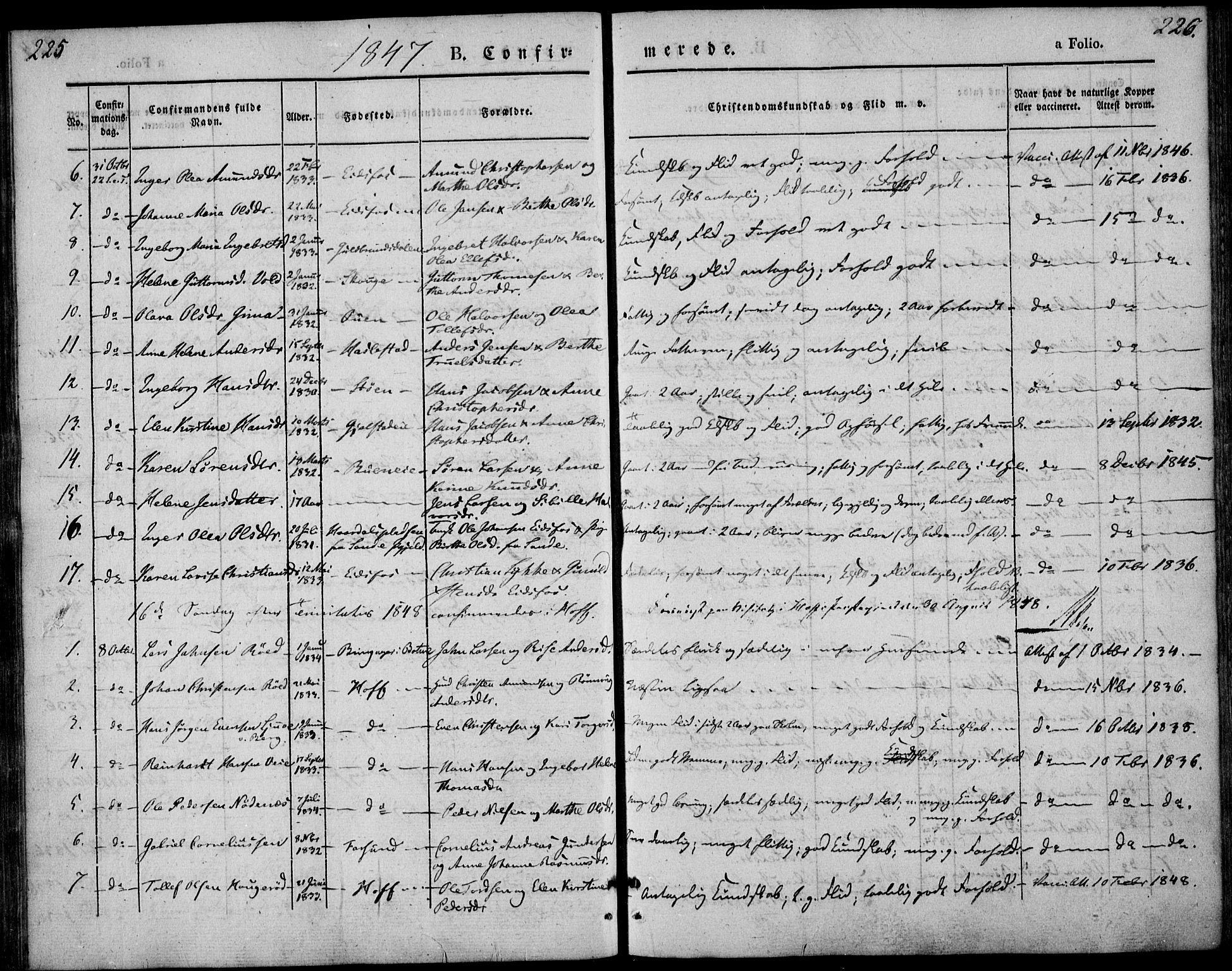 Hof kirkebøker, AV/SAKO-A-64/F/Fa/L0005: Parish register (official) no. I 5, 1844-1851, p. 225-226