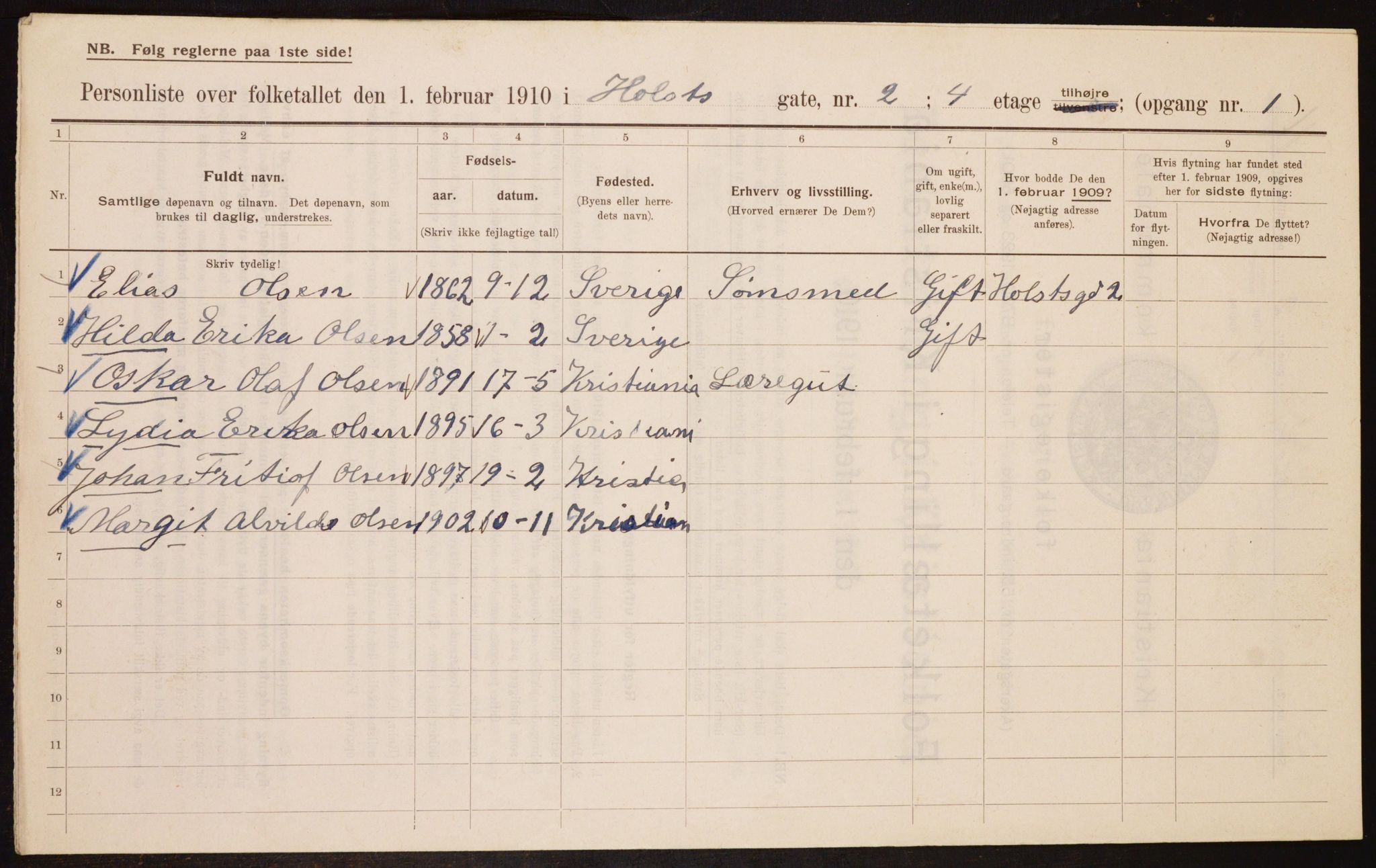 OBA, Municipal Census 1910 for Kristiania, 1910, p. 40122