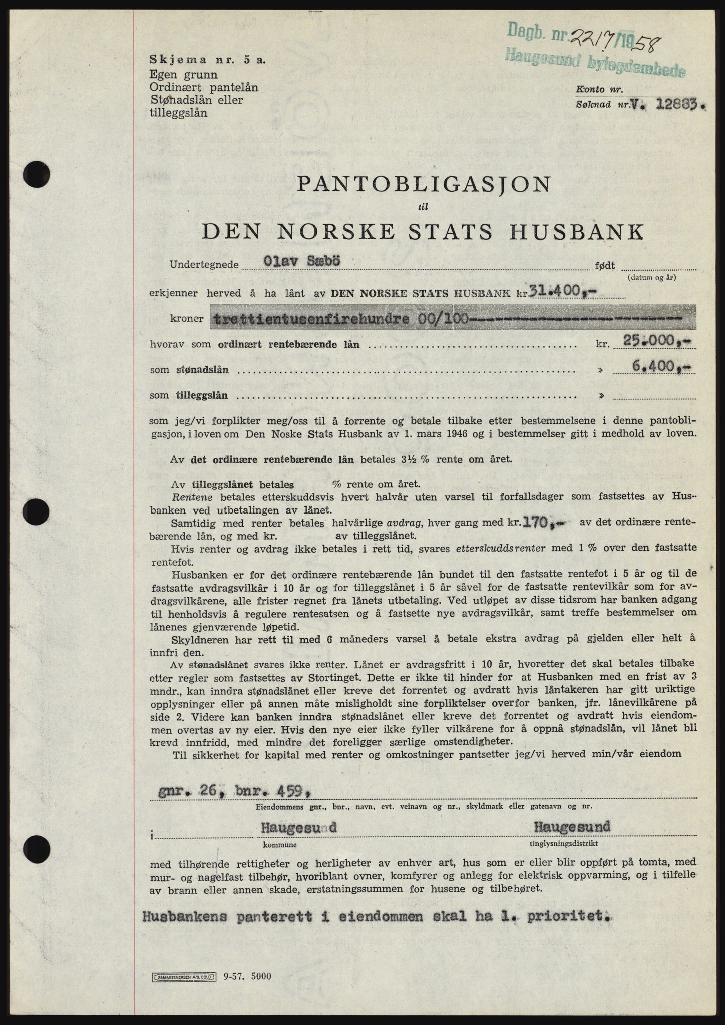 Haugesund tingrett, SAST/A-101415/01/II/IIC/L0044: Mortgage book no. B 44, 1958-1959, Diary no: : 2217/1958