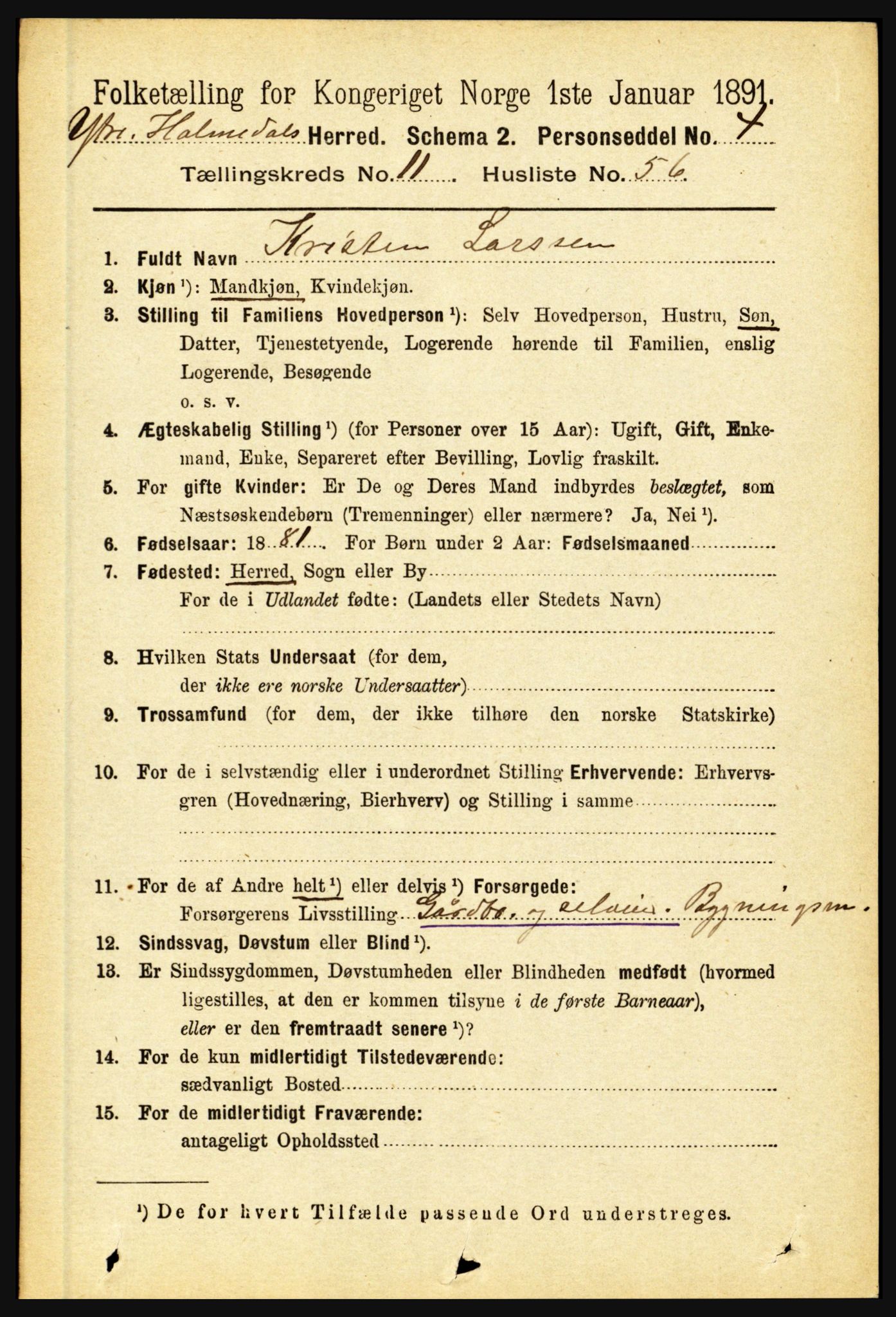 RA, 1891 census for 1429 Ytre Holmedal, 1891, p. 3141