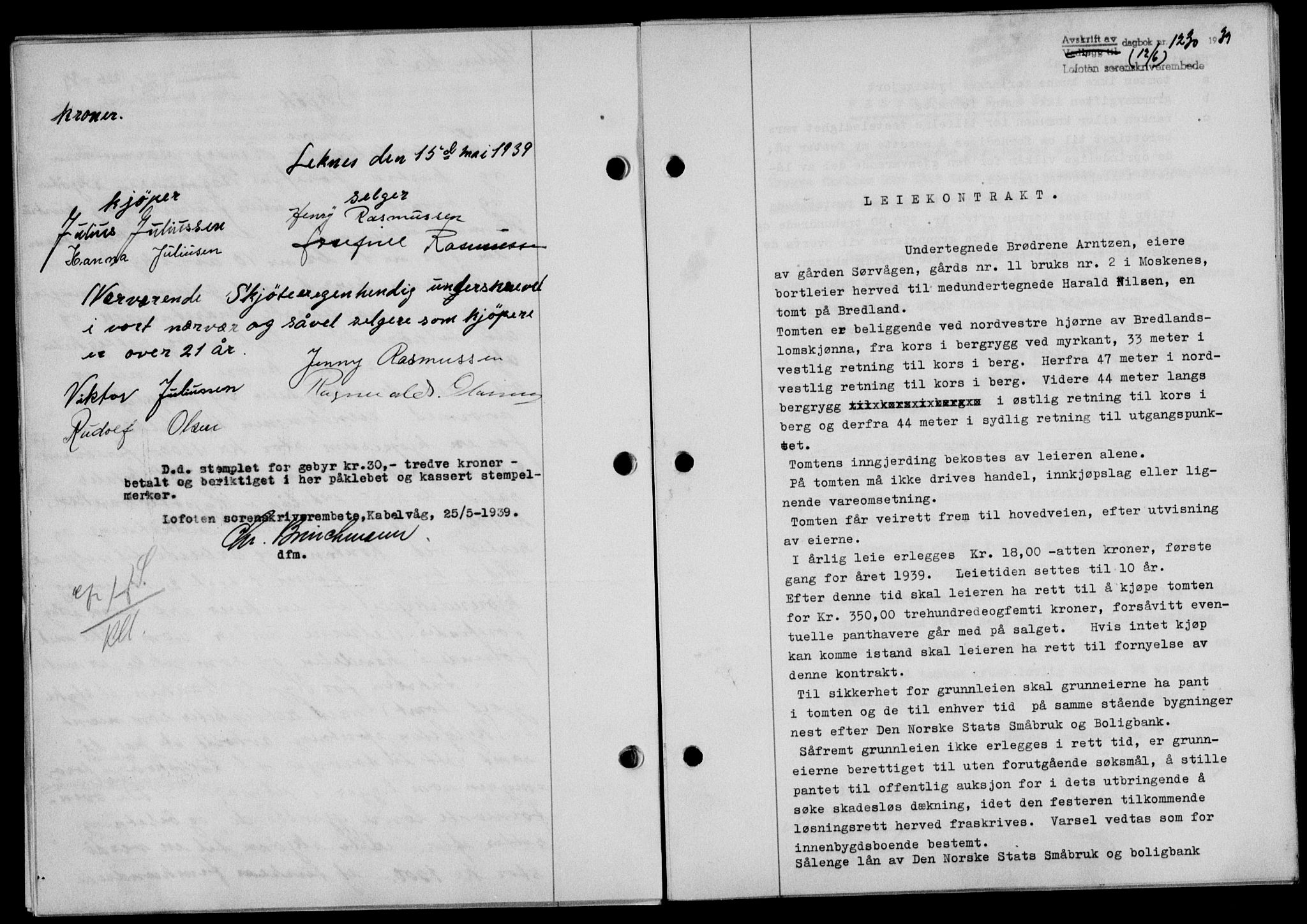 Lofoten sorenskriveri, SAT/A-0017/1/2/2C/L0005a: Mortgage book no. 5a, 1939-1939, Diary no: : 1230/1939