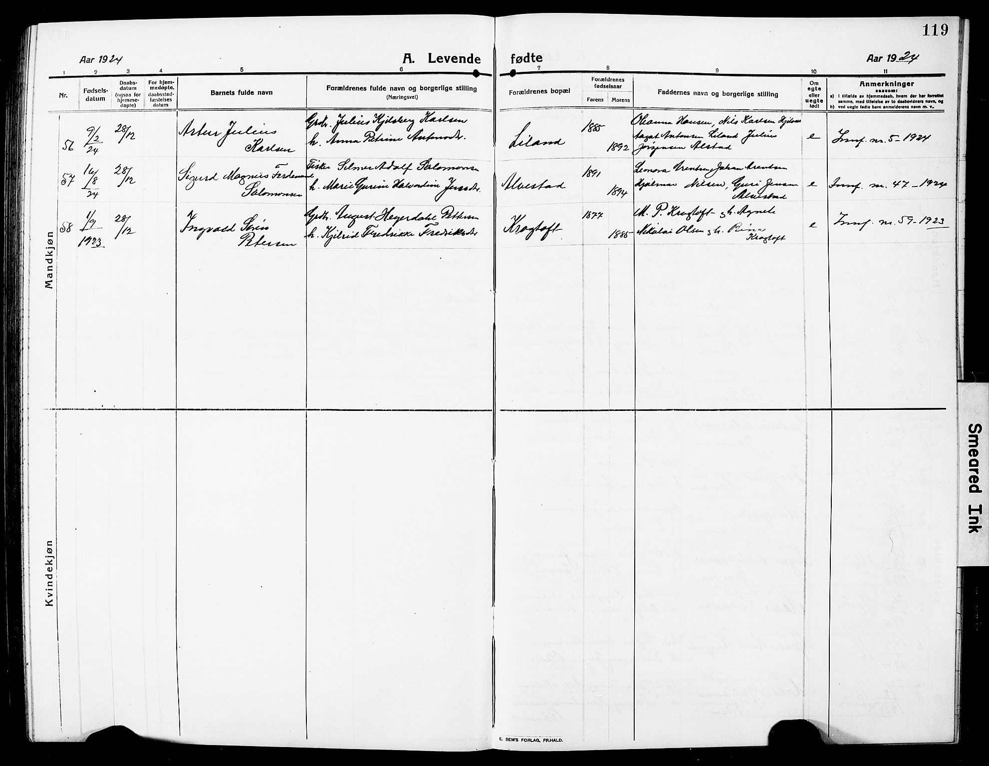 Ministerialprotokoller, klokkerbøker og fødselsregistre - Nordland, AV/SAT-A-1459/880/L1142: Parish register (copy) no. 880C04, 1913-1930, p. 119