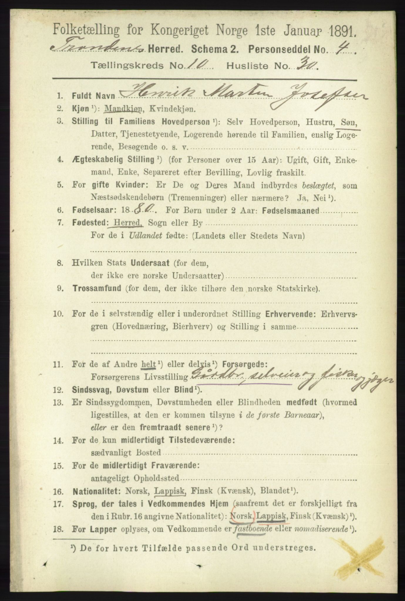 RA, 1891 census for 1914 Trondenes, 1891, p. 7703