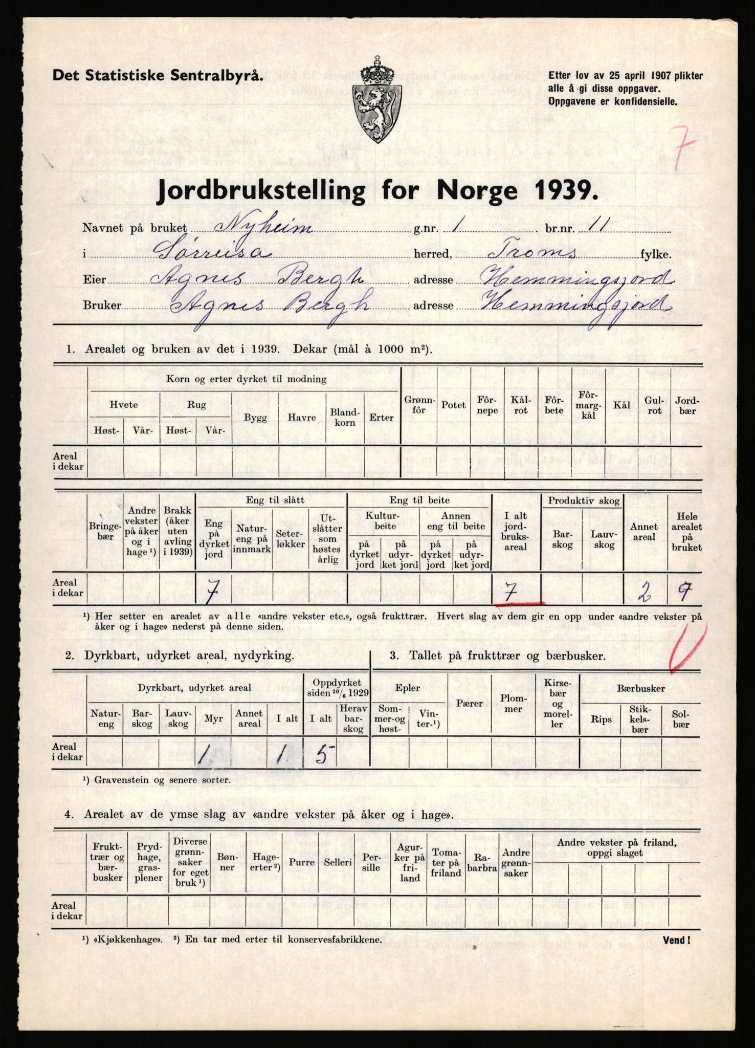 Statistisk sentralbyrå, Næringsøkonomiske emner, Jordbruk, skogbruk, jakt, fiske og fangst, AV/RA-S-2234/G/Gb/L0341: Troms: Sørreisa og Tranøy, 1939, p. 136