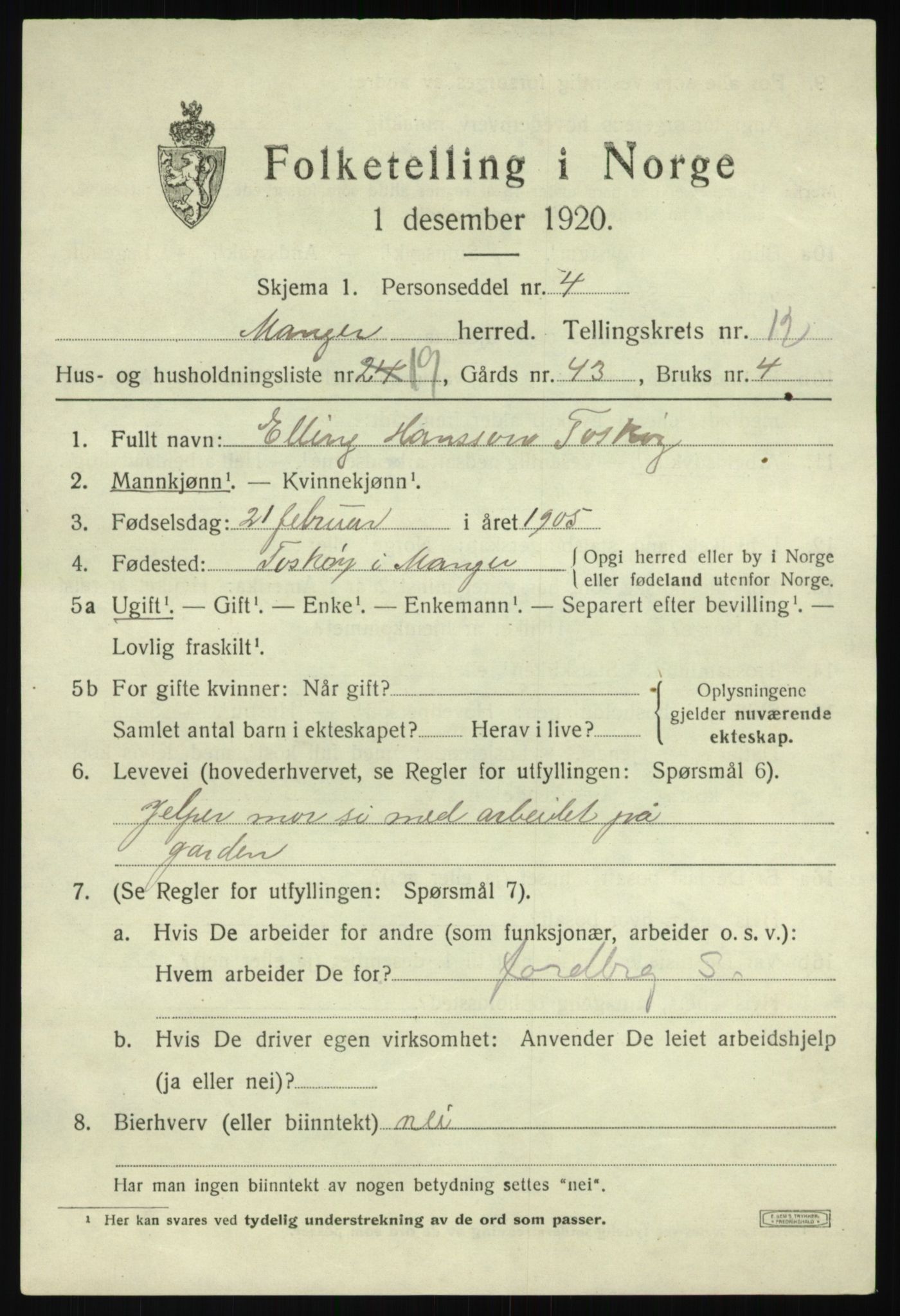 SAB, 1920 census for Manger, 1920, p. 7746