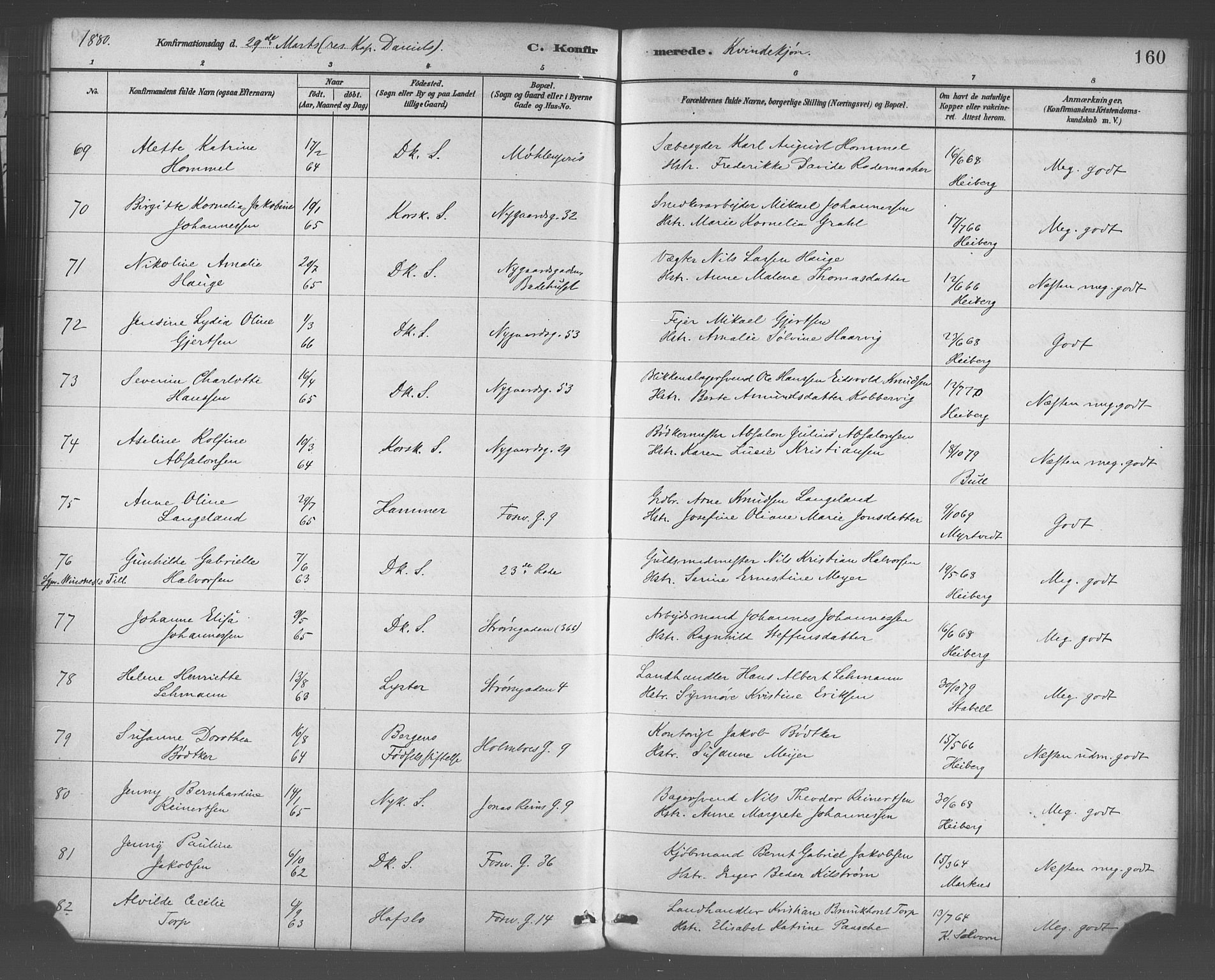 Domkirken sokneprestembete, SAB/A-74801/H/Haa/L0030: Parish register (official) no. C 5, 1880-1898, p. 160