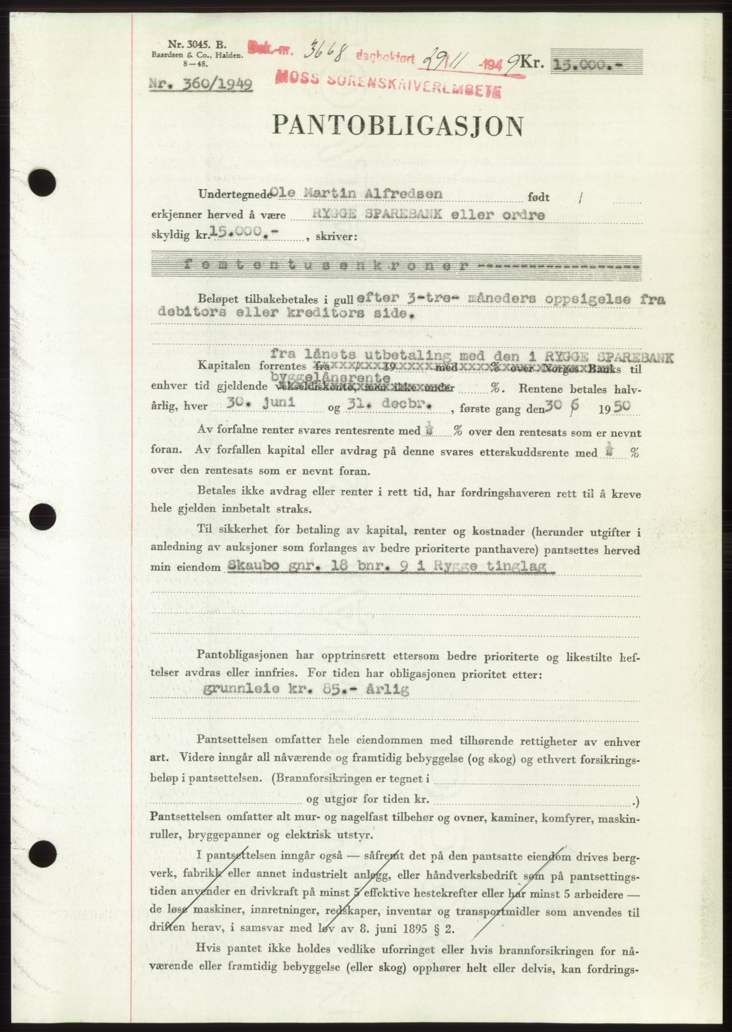 Moss sorenskriveri, SAO/A-10168: Mortgage book no. B23, 1949-1950, Diary no: : 3668/1949