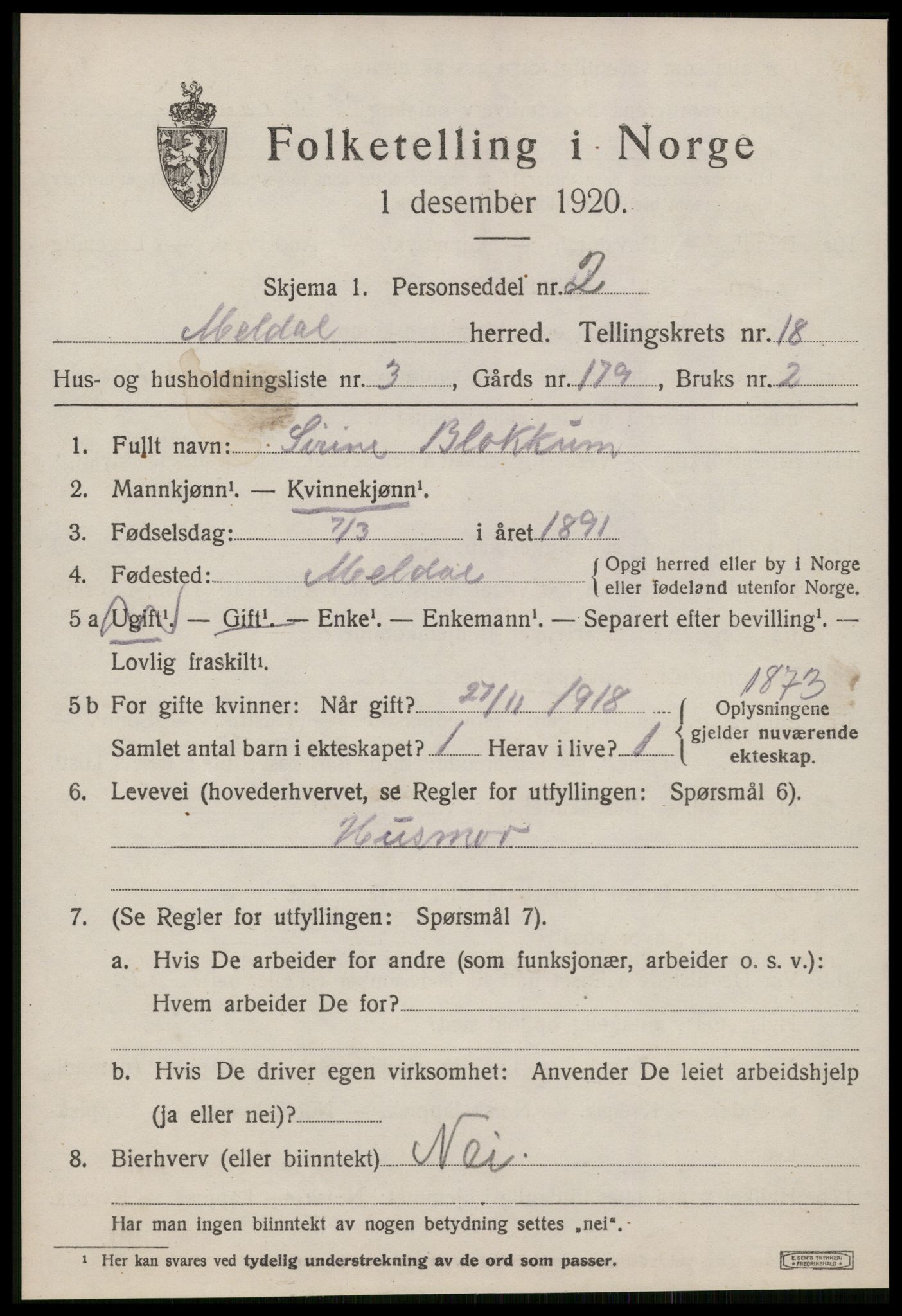 SAT, 1920 census for Meldal, 1920, p. 11353