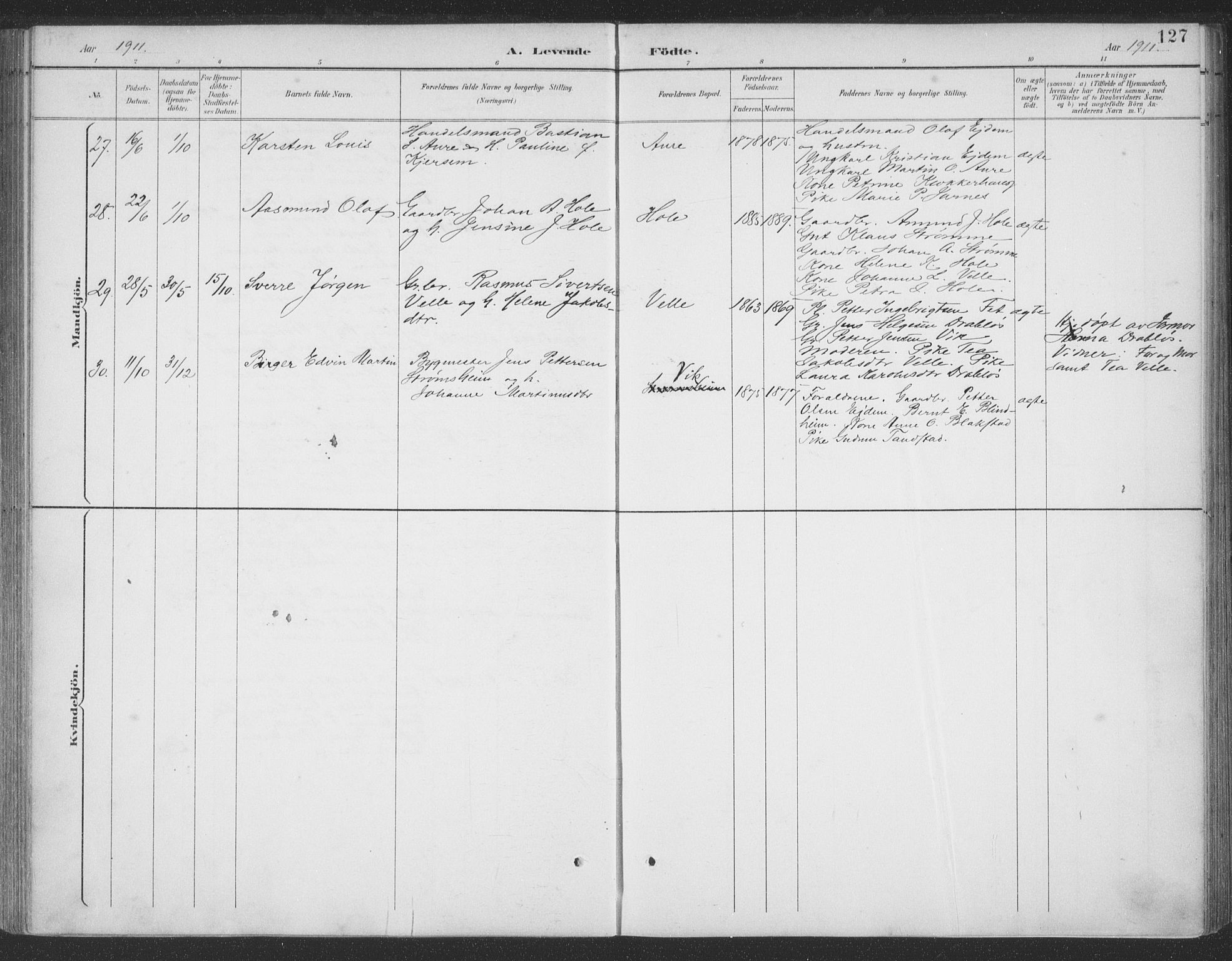 Ministerialprotokoller, klokkerbøker og fødselsregistre - Møre og Romsdal, AV/SAT-A-1454/523/L0335: Parish register (official) no. 523A02, 1891-1911, p. 127