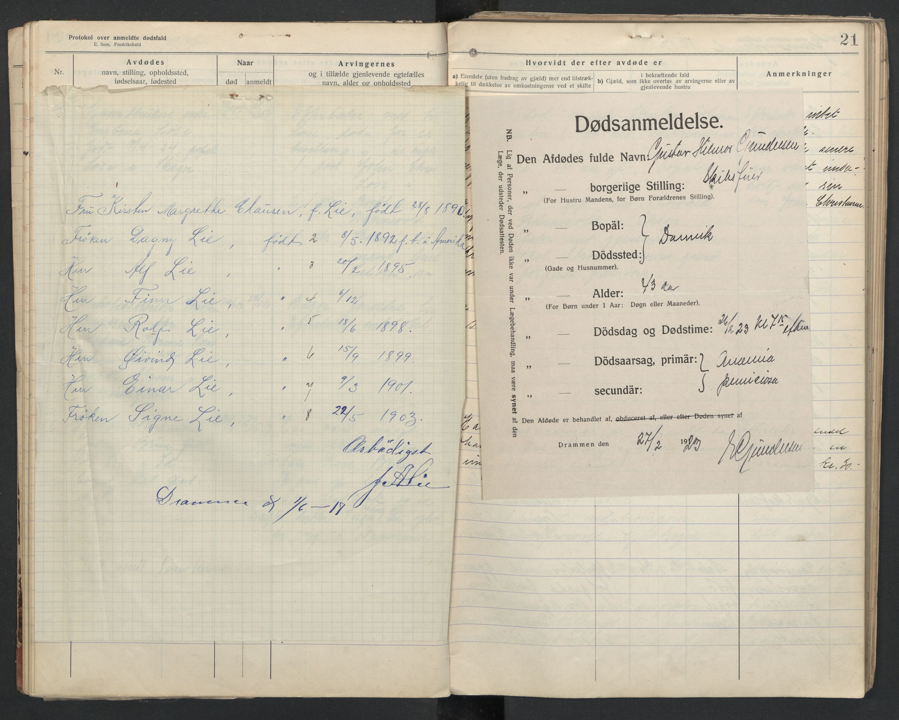 Skoger lensmannskontor, AV/SAKO-A-548/H/Ha/L0006: Dødsfallsprotokoll, 1916-1923, p. 21