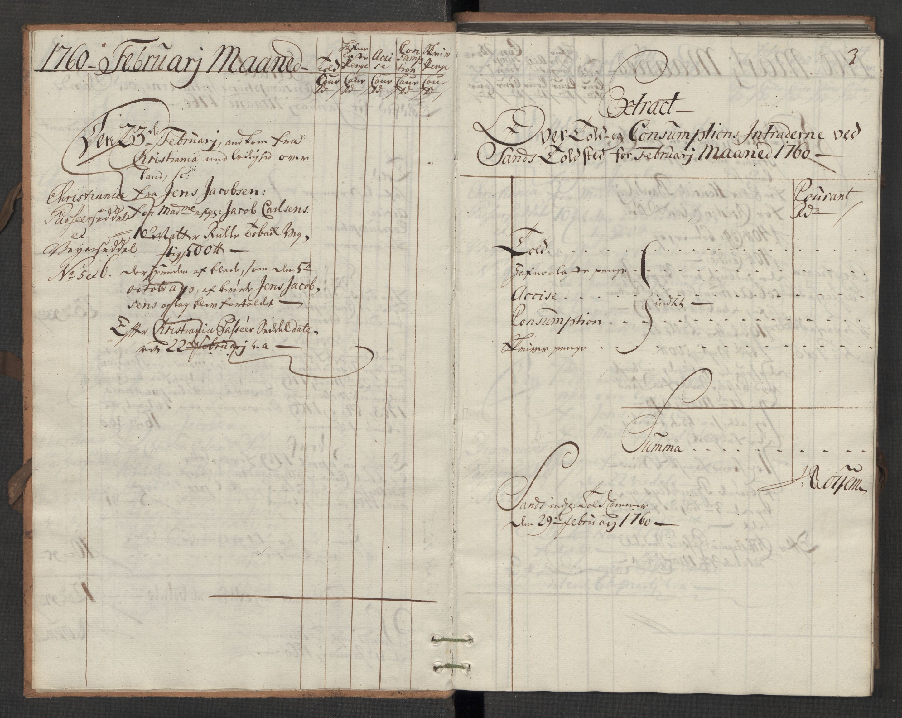 Generaltollkammeret, tollregnskaper, AV/RA-EA-5490/R07/L0020/0001: Tollregnskaper Sand / Inngående hovedtollbok, 1760