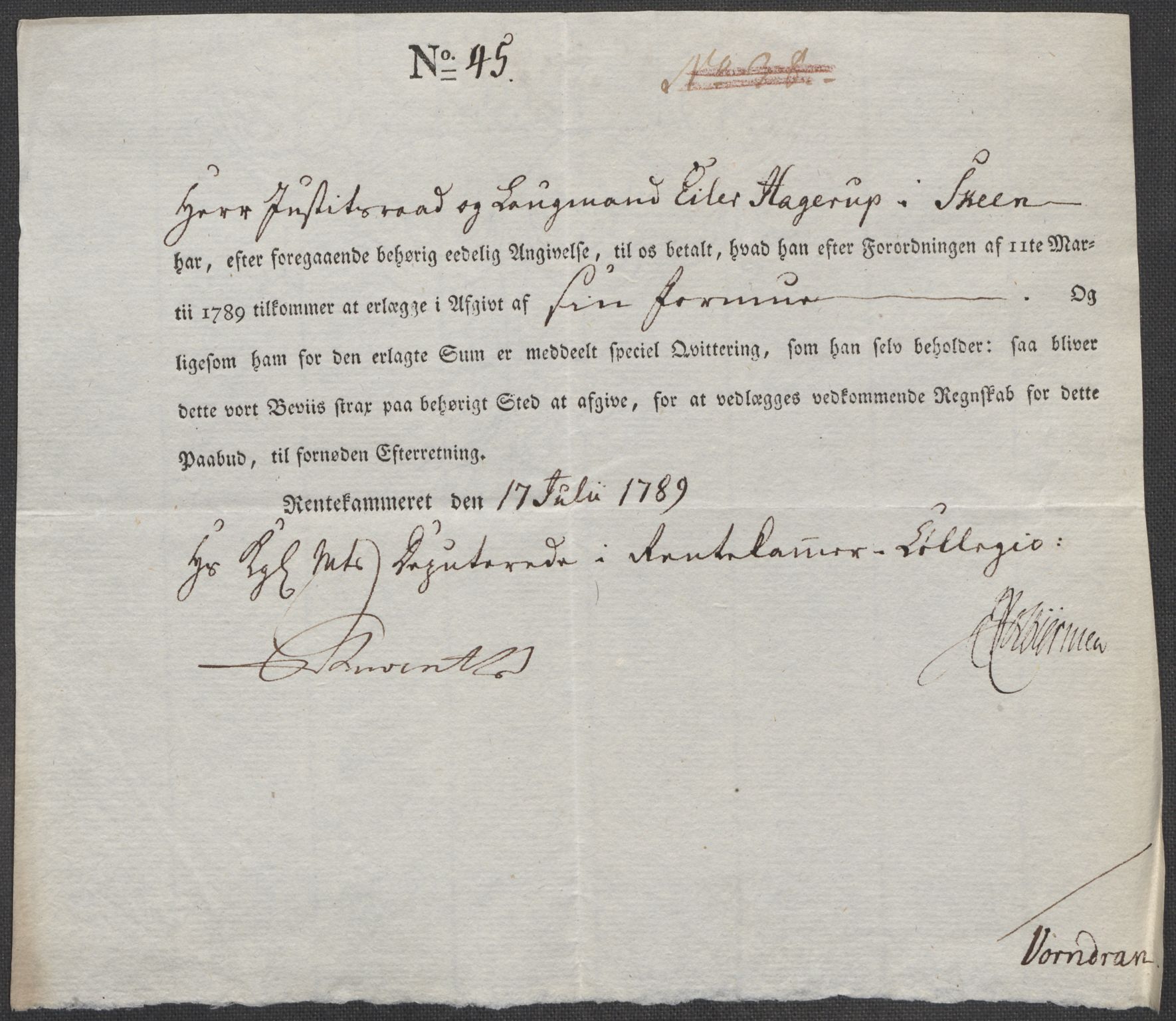 Rentekammeret inntil 1814, Reviderte regnskaper, Mindre regnskaper, AV/RA-EA-4068/Rf/Rfe/L0043: Skien, Solør og Odalen fogderi, 1789, p. 26