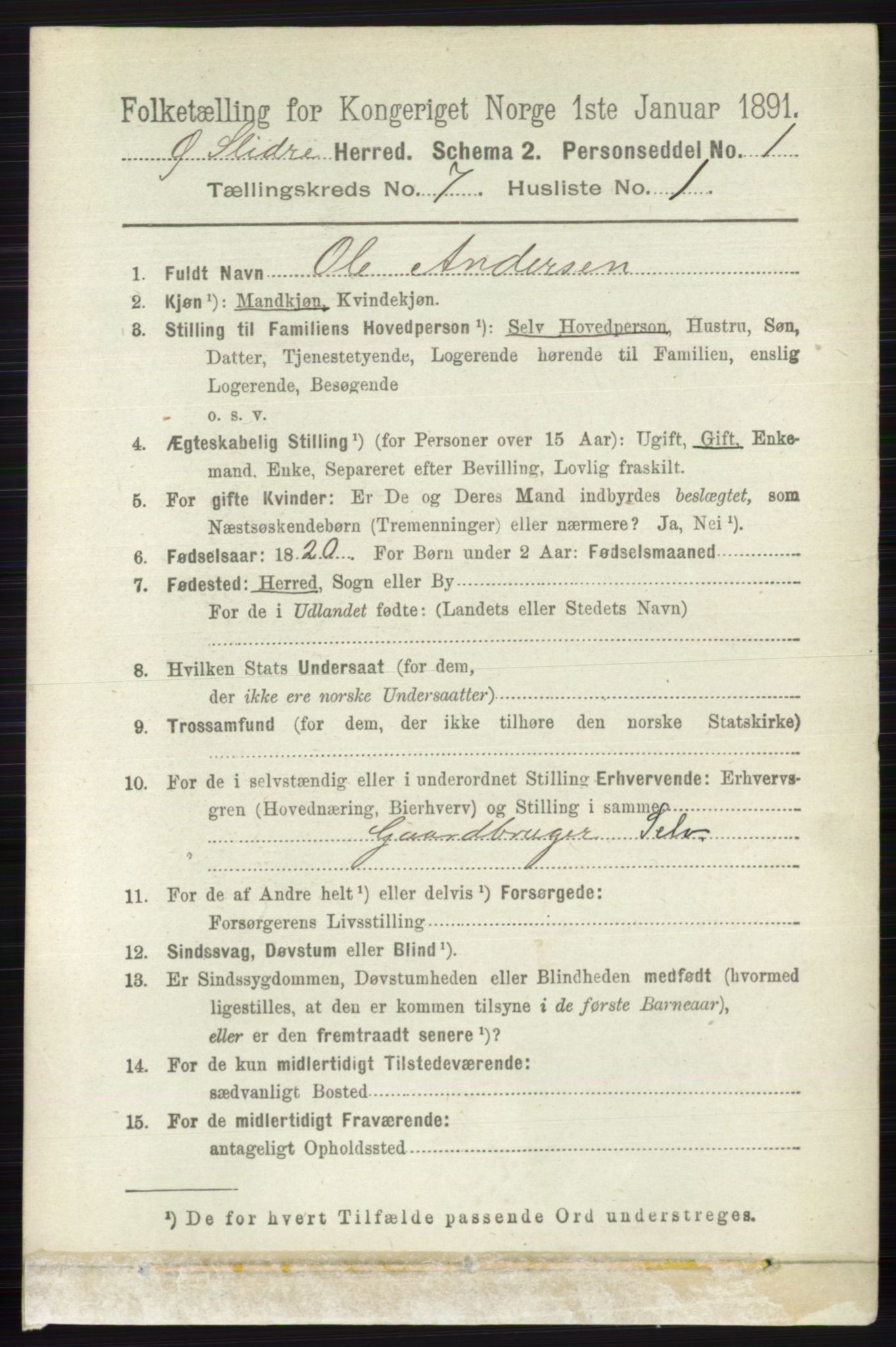 RA, 1891 census for 0544 Øystre Slidre, 1891, p. 2171