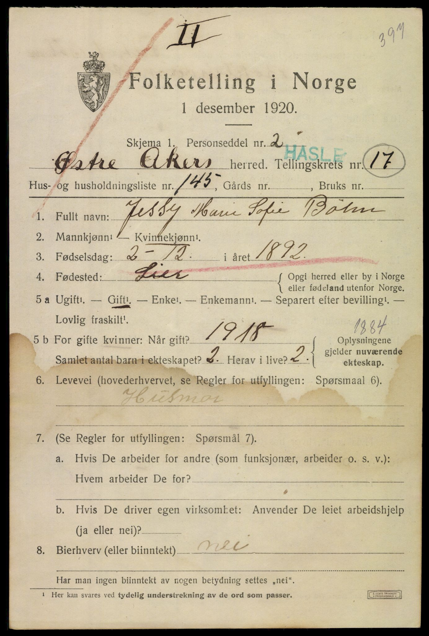 SAO, 1920 census for Aker, 1920, p. 108738