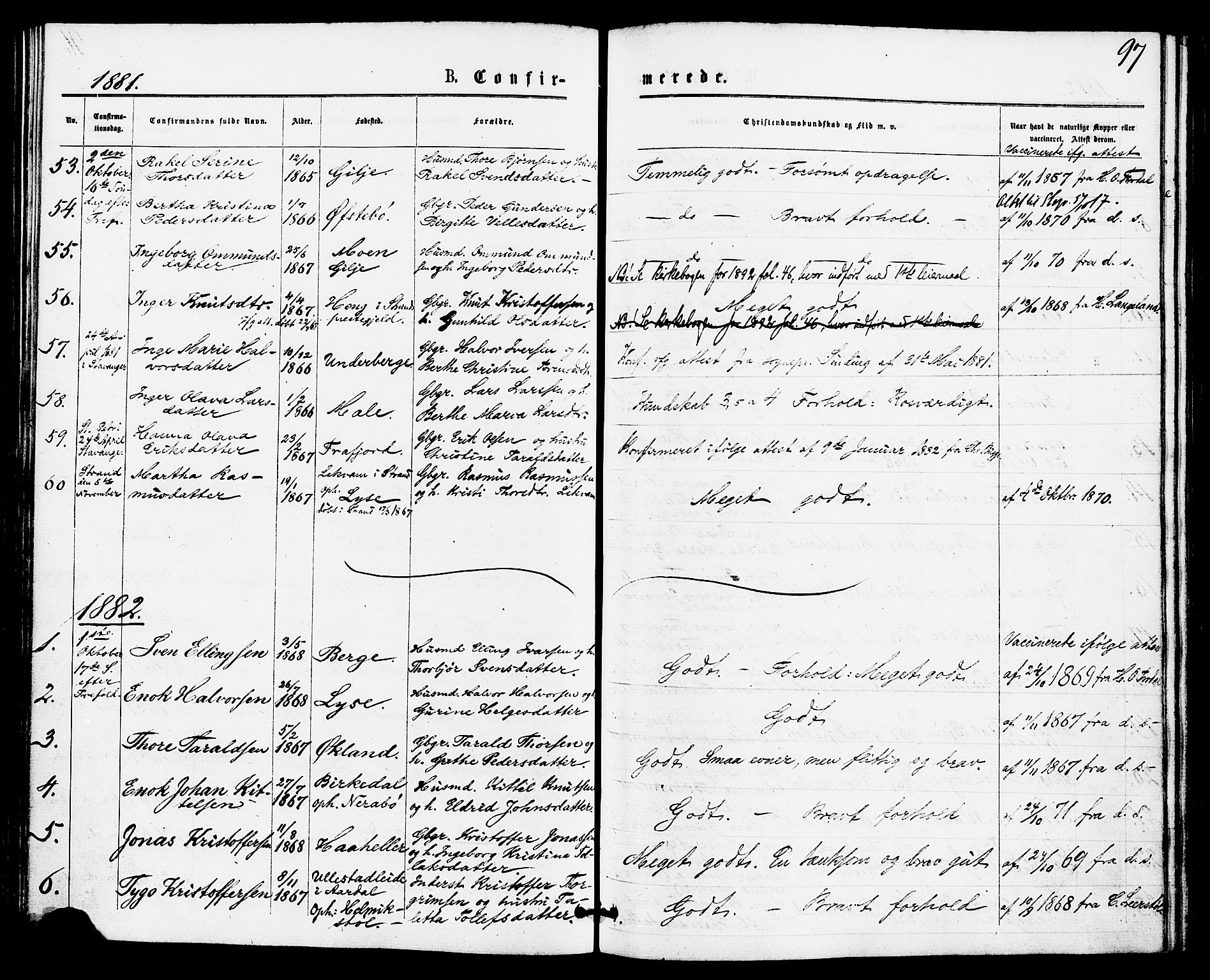 Høgsfjord sokneprestkontor, SAST/A-101624/H/Ha/Haa/L0004: Parish register (official) no. A 4, 1876-1884, p. 97
