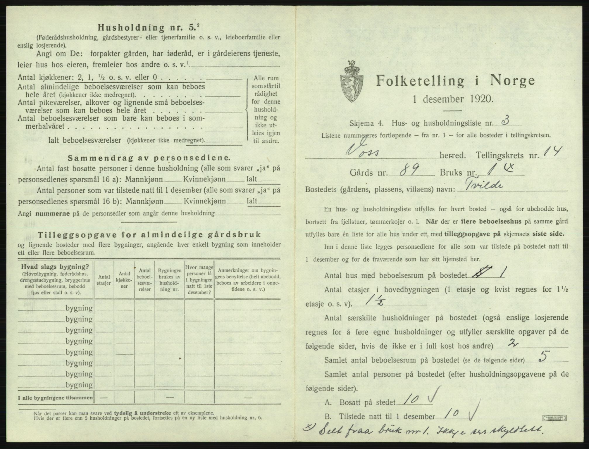 SAB, 1920 census for Voss, 1920, p. 1329