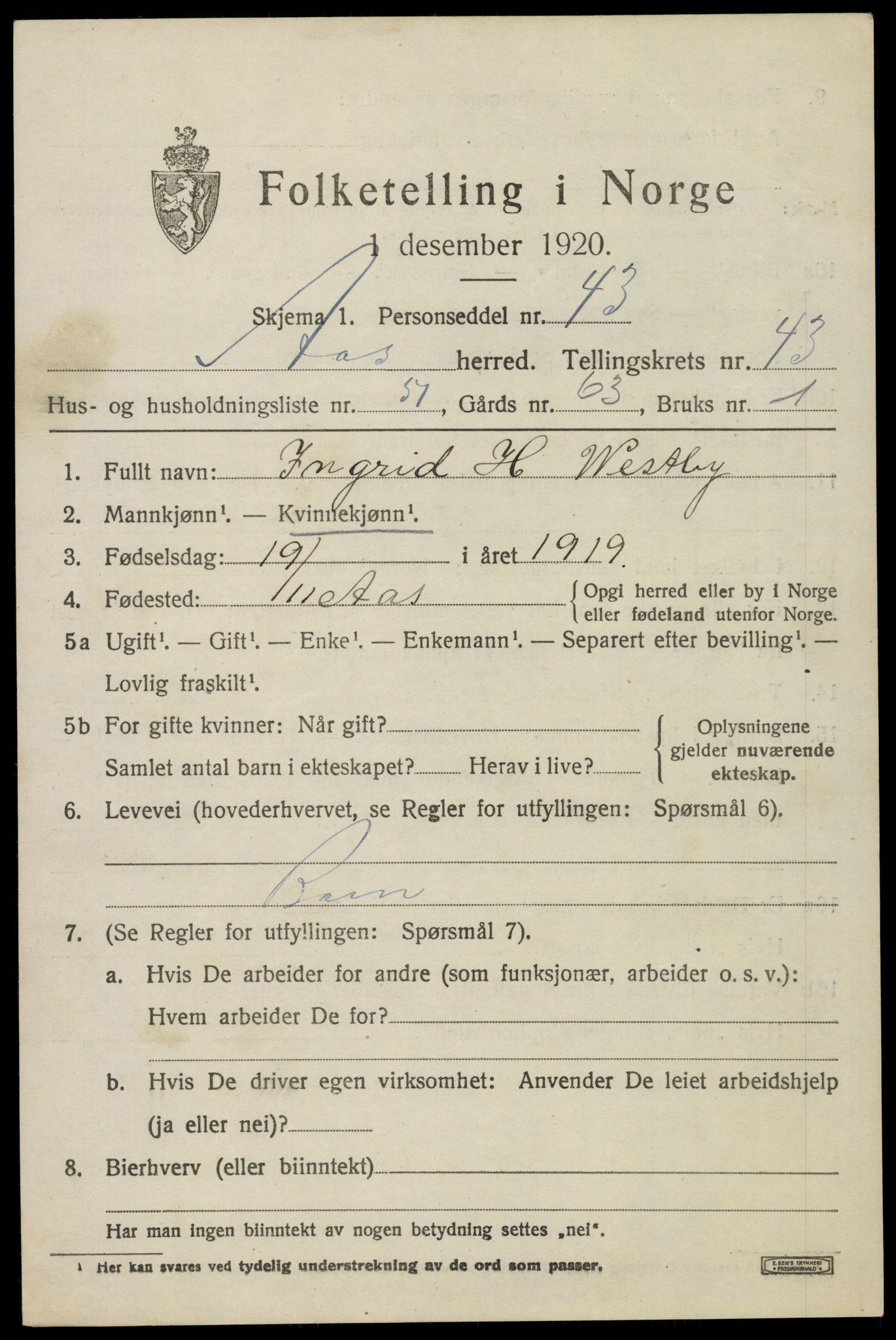 SAO, 1920 census for Ås, 1920, p. 5810