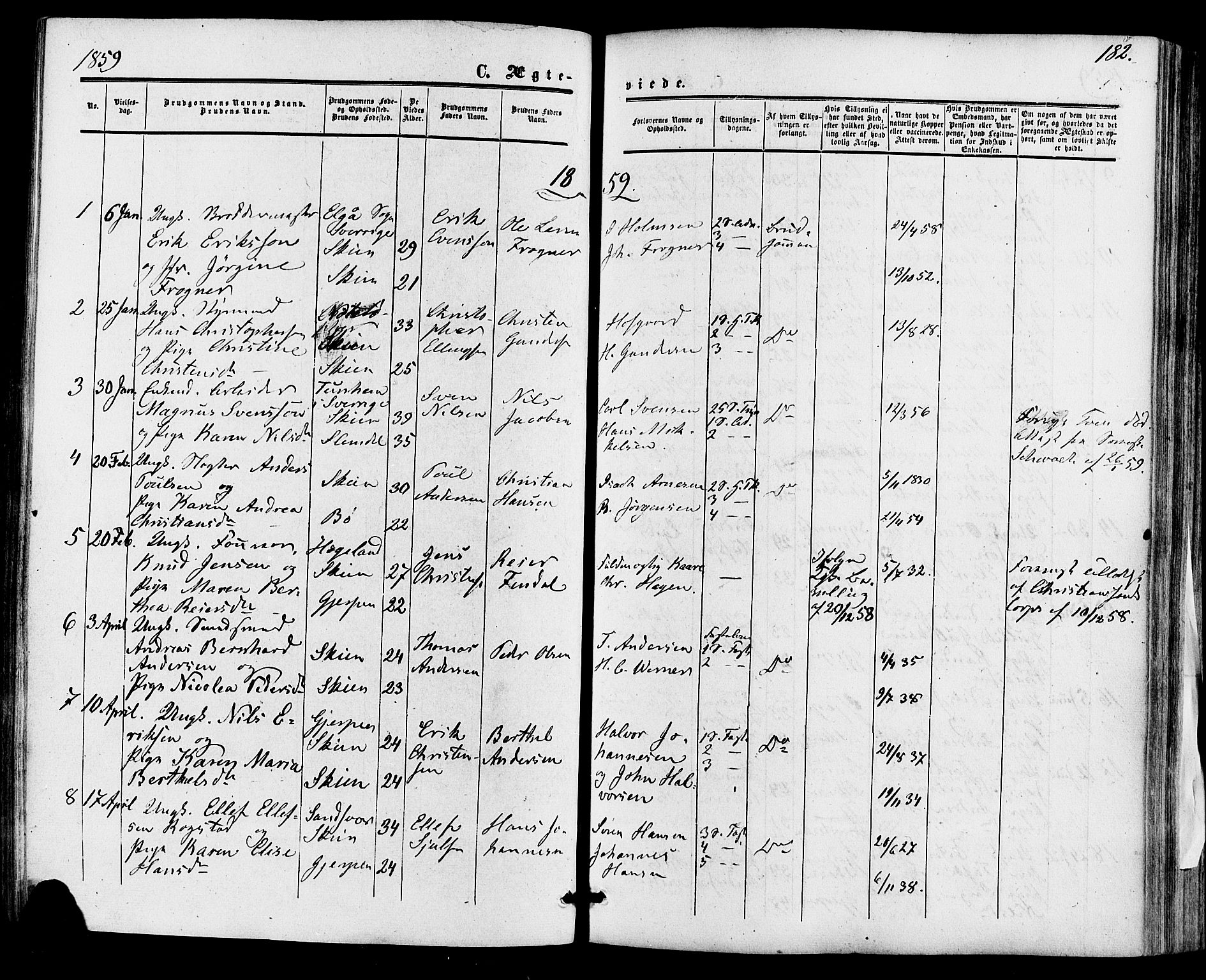 Skien kirkebøker, SAKO/A-302/F/Fa/L0007: Parish register (official) no. 7, 1856-1865, p. 182