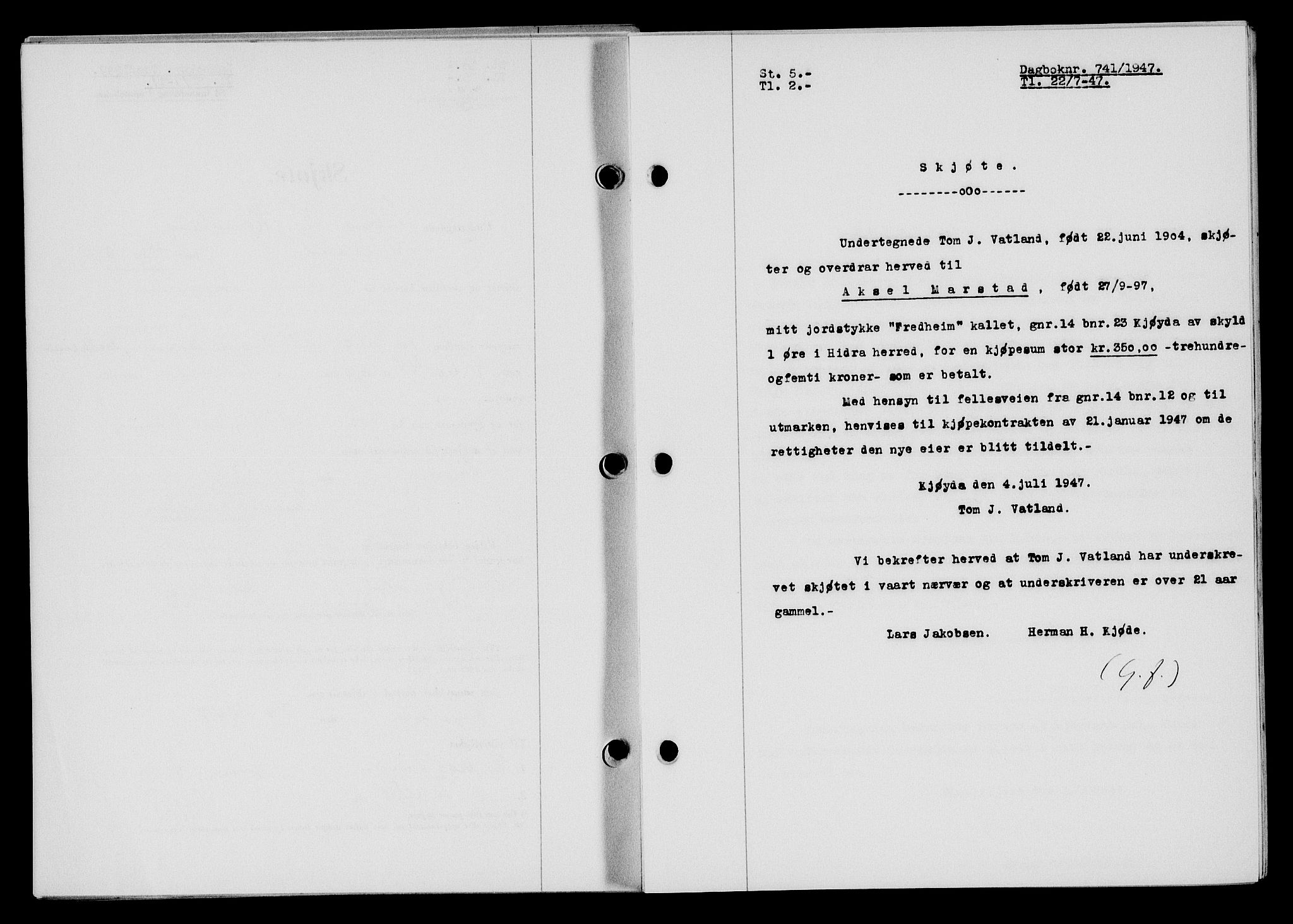 Flekkefjord sorenskriveri, SAK/1221-0001/G/Gb/Gba/L0062: Mortgage book no. A-10, 1947-1947, Diary no: : 741/1947