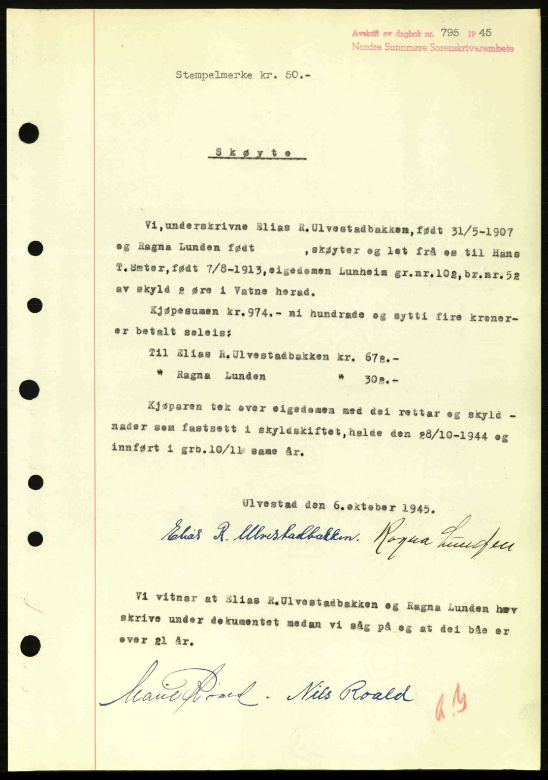 Nordre Sunnmøre sorenskriveri, AV/SAT-A-0006/1/2/2C/2Ca: Mortgage book no. A20a, 1945-1945, Diary no: : 795/1945