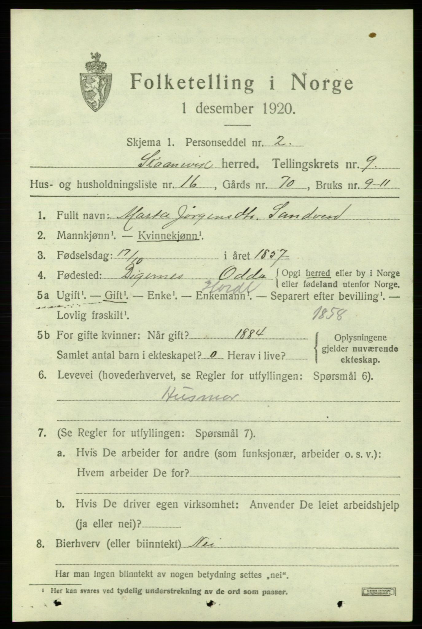 SAB, 1920 census for Skånevik, 1920, p. 5069