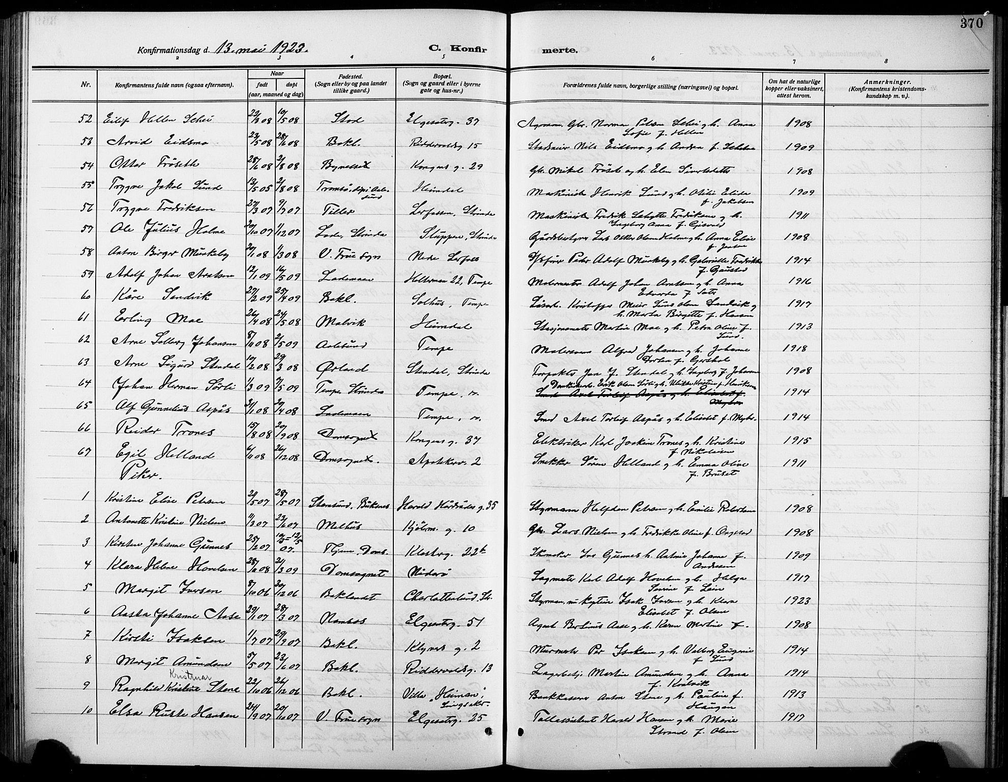 Ministerialprotokoller, klokkerbøker og fødselsregistre - Sør-Trøndelag, AV/SAT-A-1456/601/L0096: Parish register (copy) no. 601C14, 1911-1931, p. 370