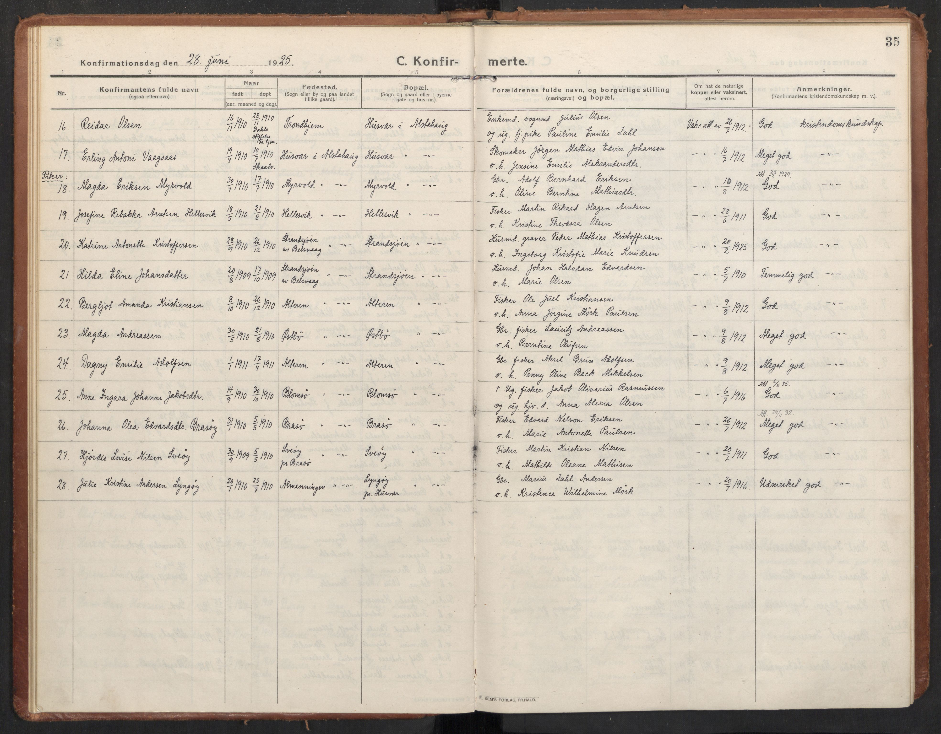 Ministerialprotokoller, klokkerbøker og fødselsregistre - Nordland, AV/SAT-A-1459/830/L0456: Parish register (official) no. 830A20, 1914-1937, p. 35