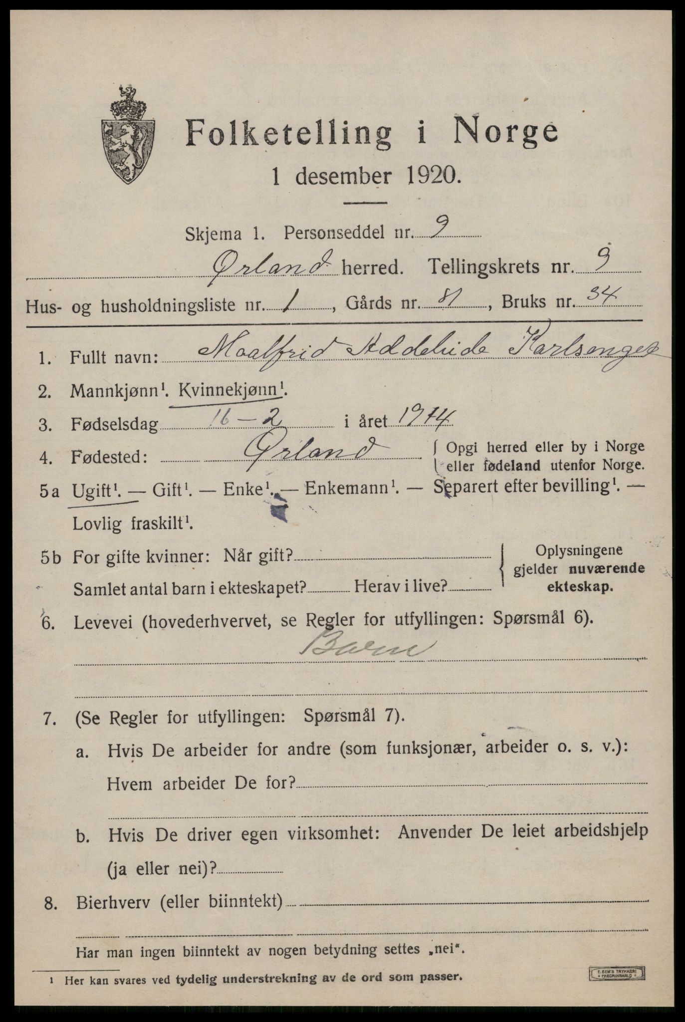 SAT, 1920 census for Ørland, 1920, p. 7851