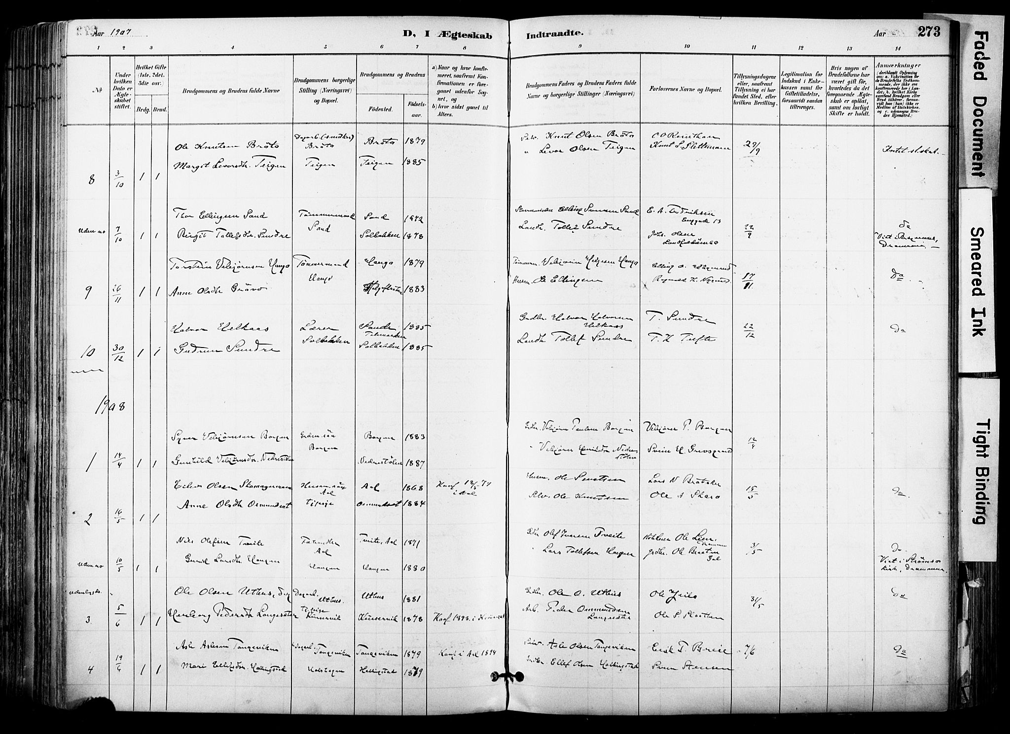 Hol kirkebøker, AV/SAKO-A-227/F/Fa/L0003: Parish register (official) no. I 3, 1887-1918, p. 273