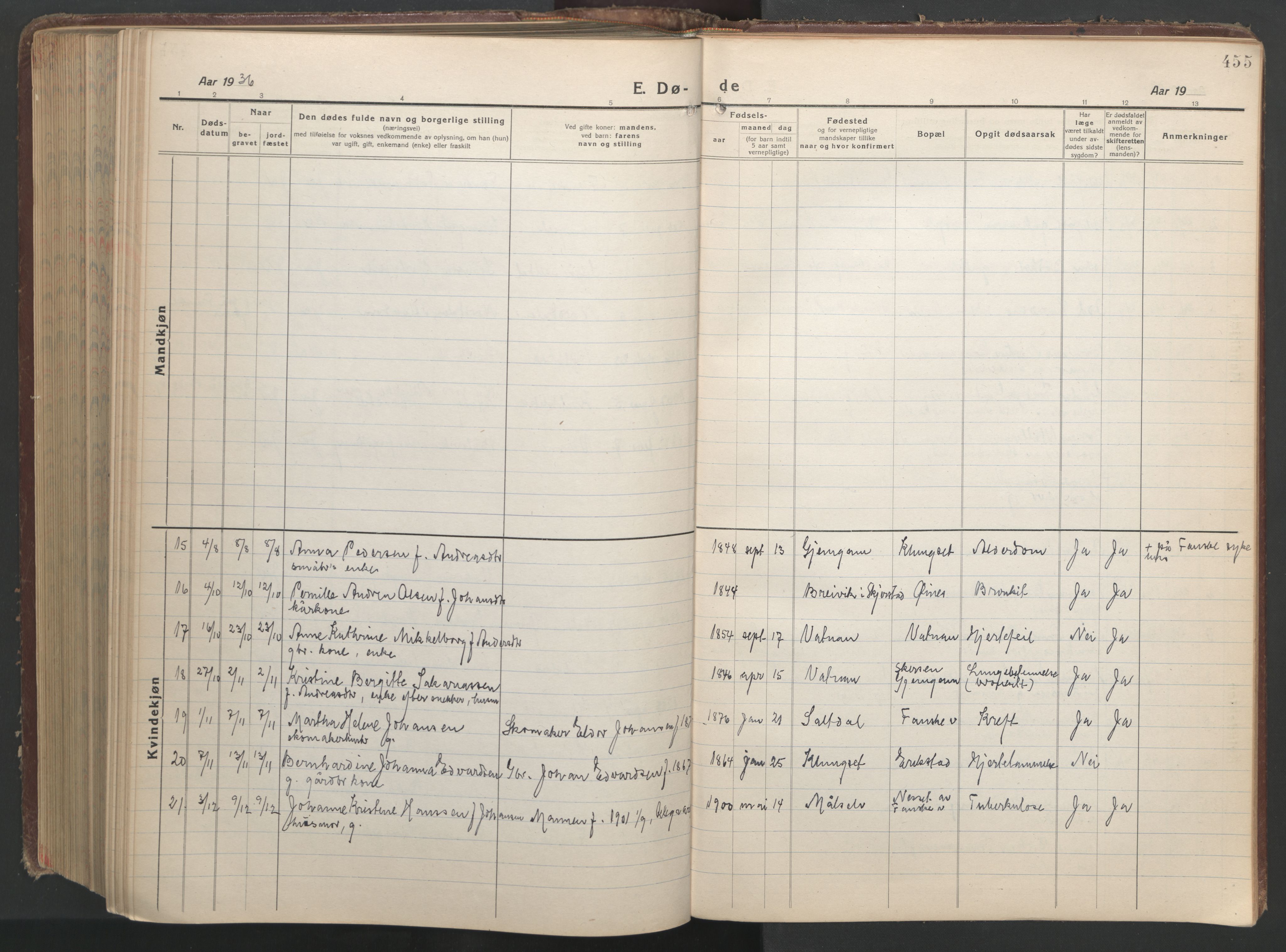 Ministerialprotokoller, klokkerbøker og fødselsregistre - Nordland, AV/SAT-A-1459/849/L0700: Parish register (copy) no. 849C01, 1919-1946, p. 455