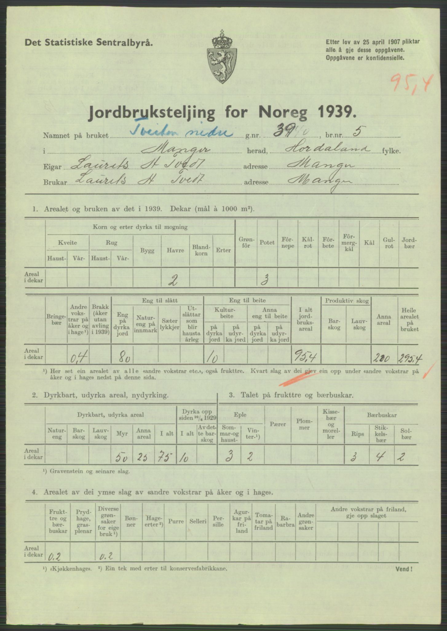 Statistisk sentralbyrå, Næringsøkonomiske emner, Jordbruk, skogbruk, jakt, fiske og fangst, AV/RA-S-2234/G/Gb/L0211: Hordaland: Herdla, Hjelme og Manger, 1939, p. 1853