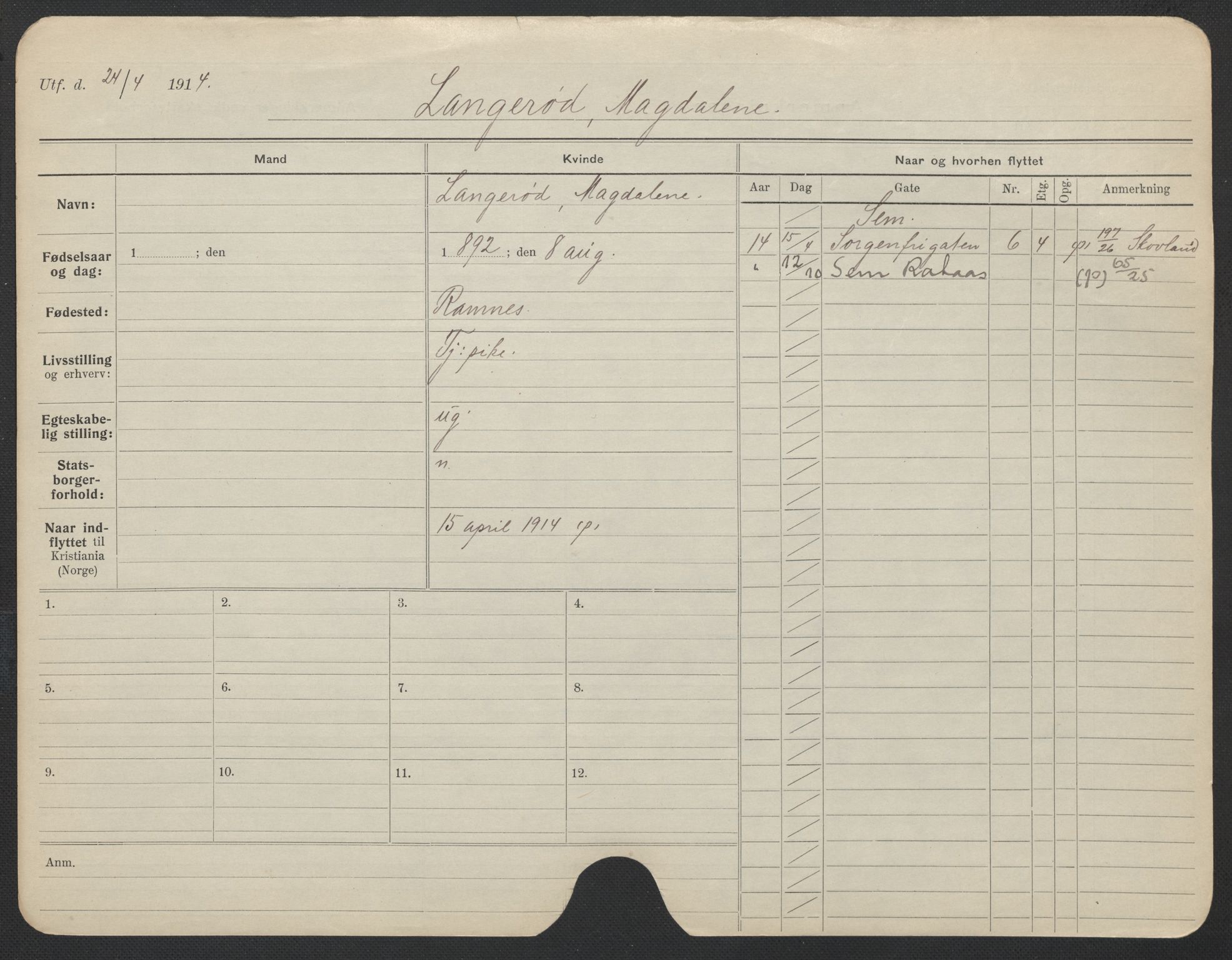 Oslo folkeregister, Registerkort, AV/SAO-A-11715/F/Fa/Fac/L0019: Kvinner, 1906-1914, p. 745a