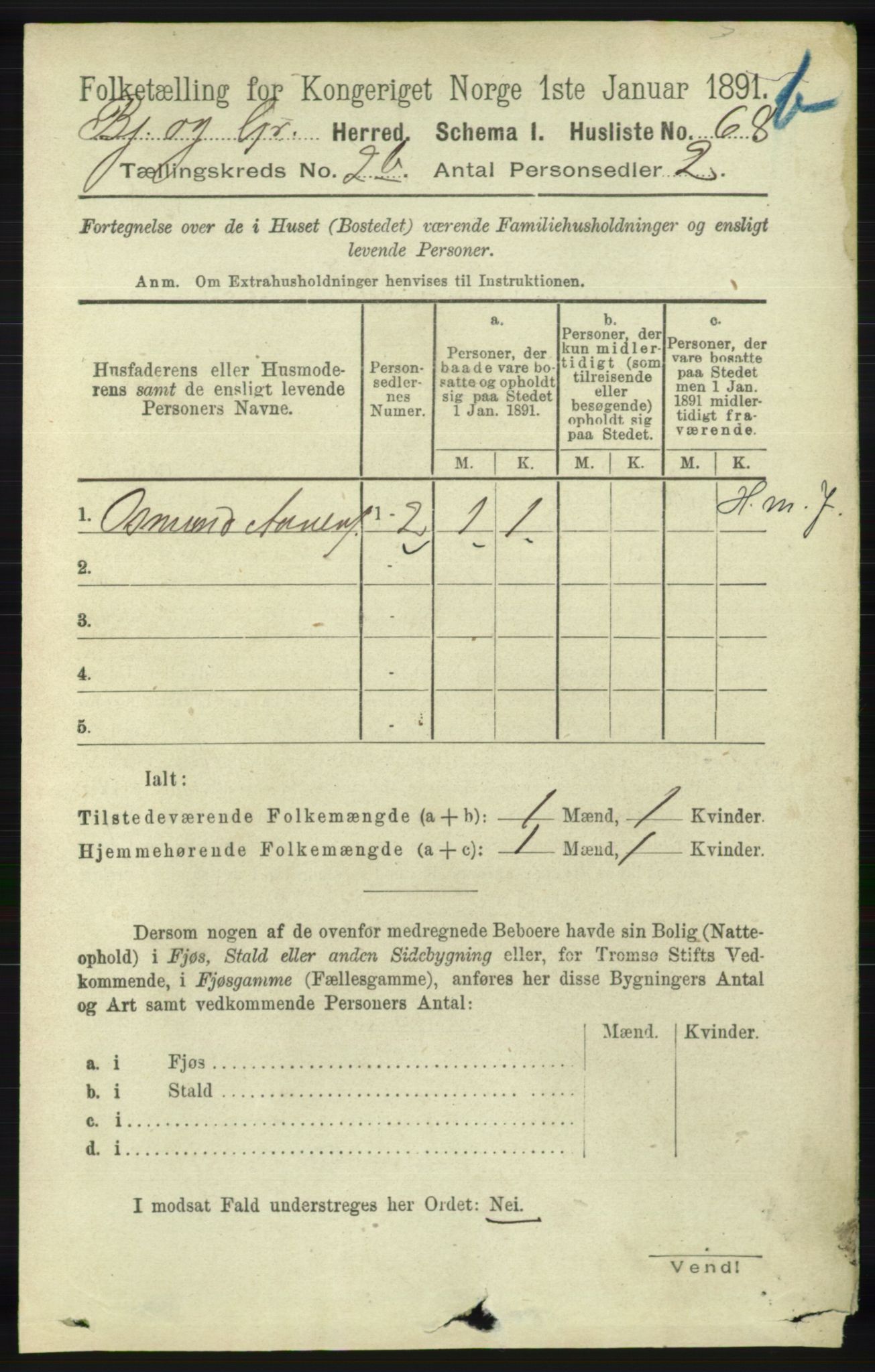 RA, 1891 census for 1024 Bjelland og Grindheim, 1891, p. 311