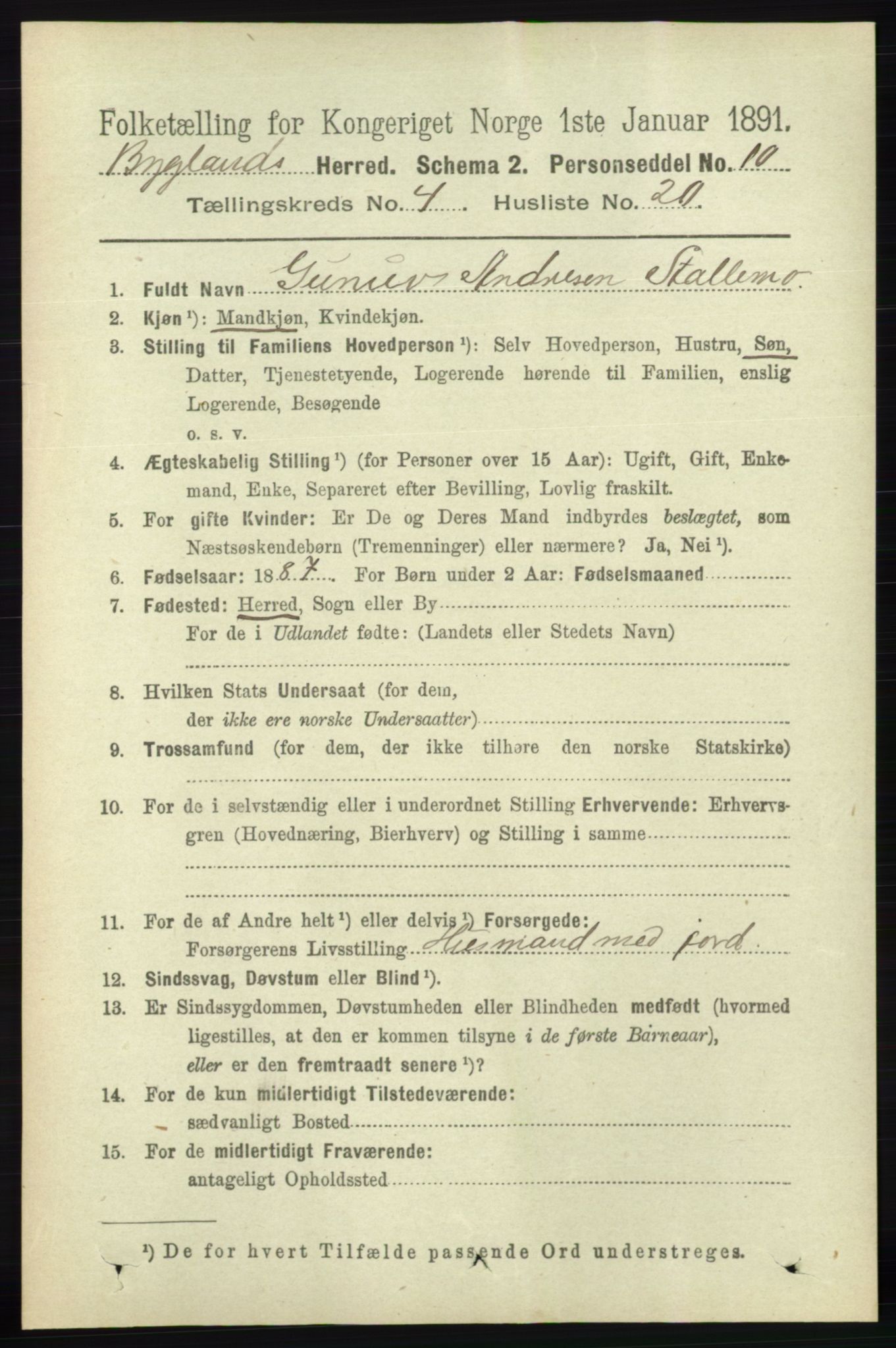 RA, 1891 census for 0938 Bygland, 1891, p. 988